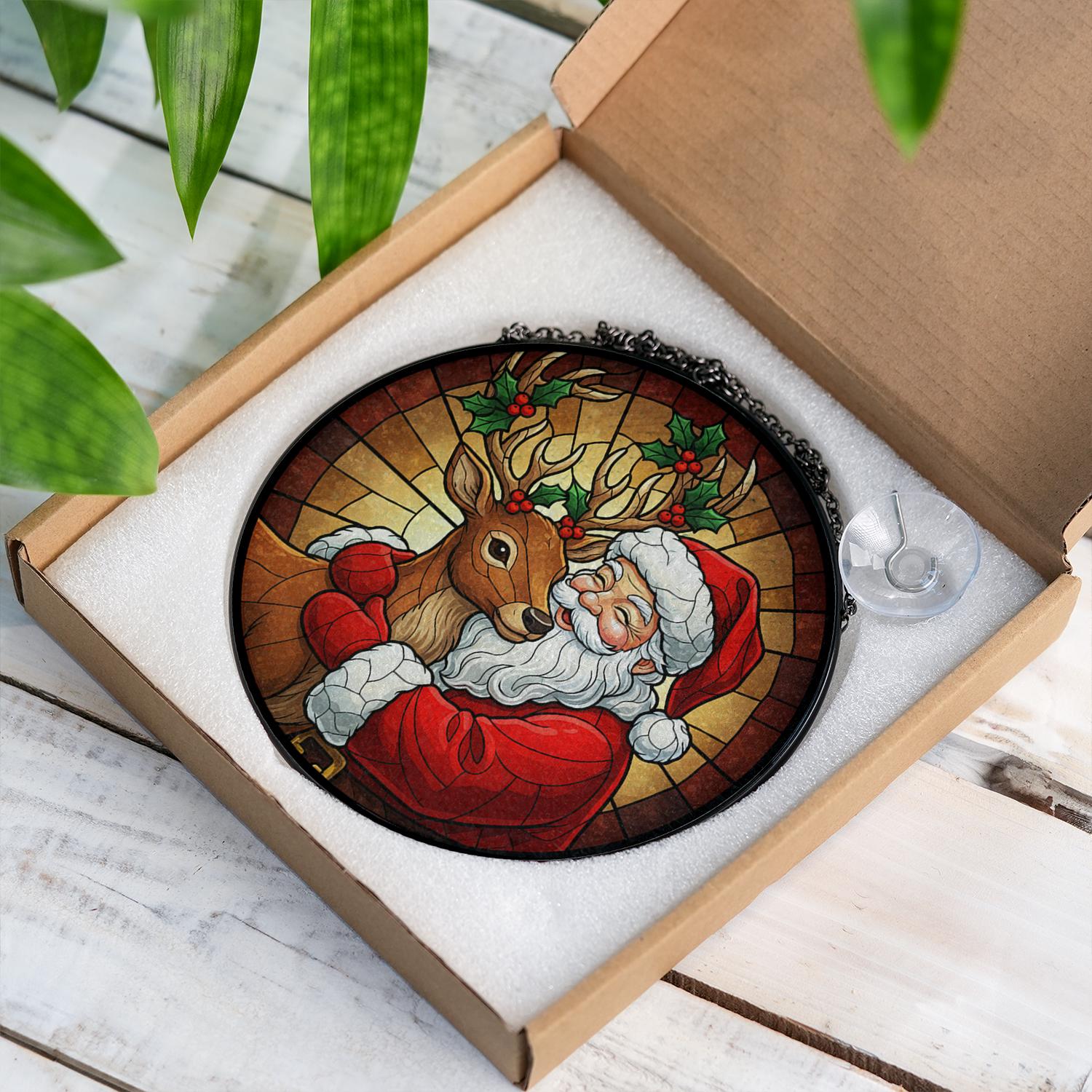 Glass Suncatcher – Santa & Reindeer Portrait – Window Hanging Decoration