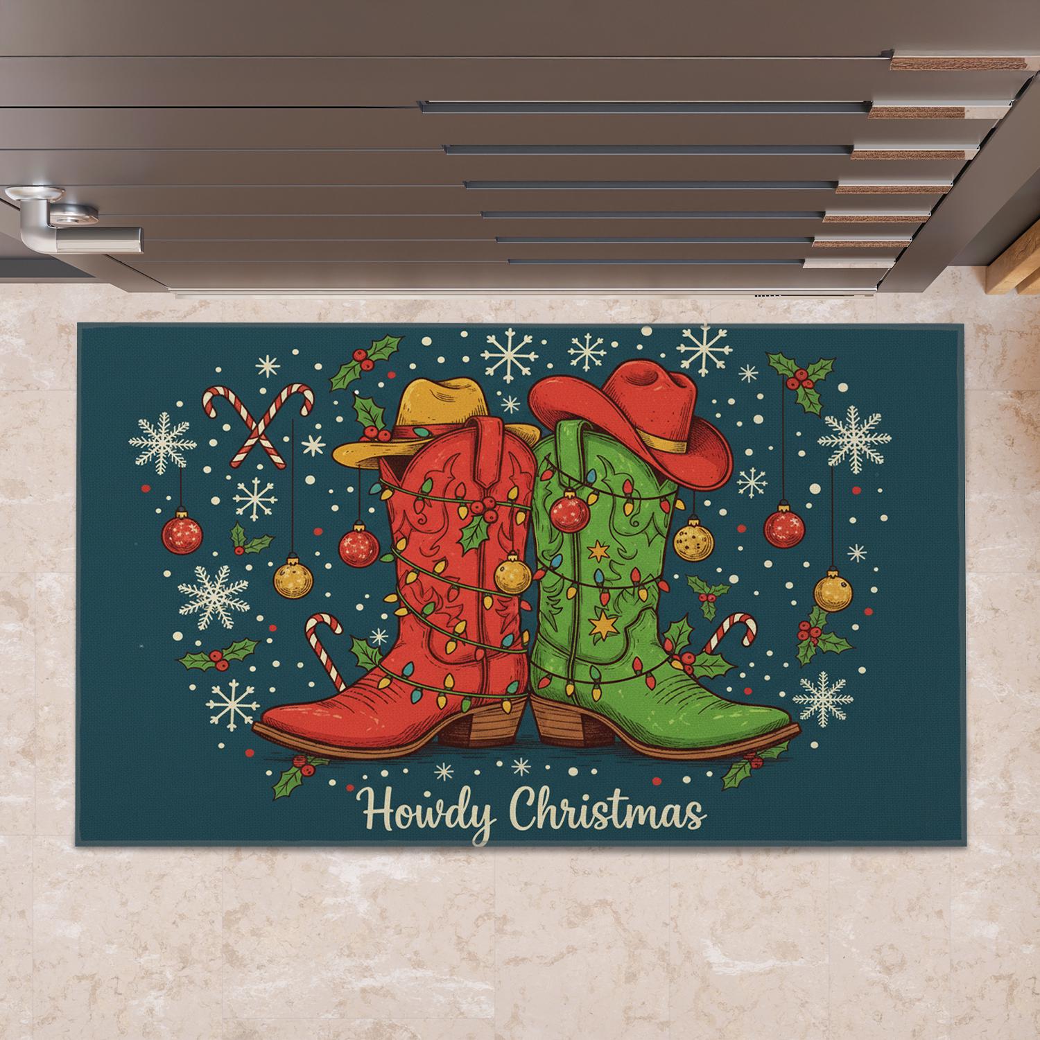Coir Doormat – Cowboy Boots & Christmas Motif “Howdy Christmas” – Outdoor Welcome Mat