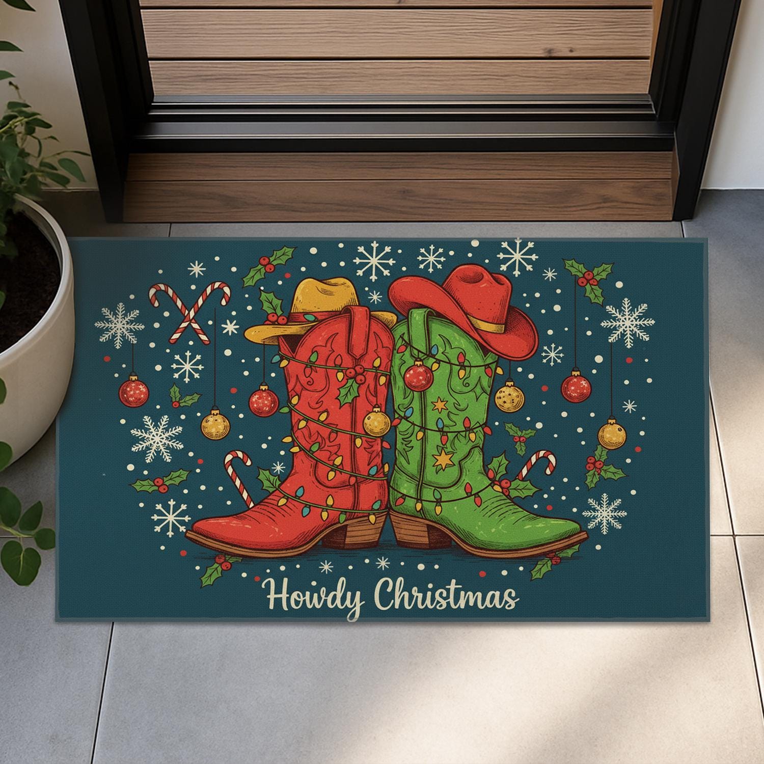 Coir Doormat – Cowboy Boots & Christmas Motif “Howdy Christmas” – Outdoor Welcome Mat