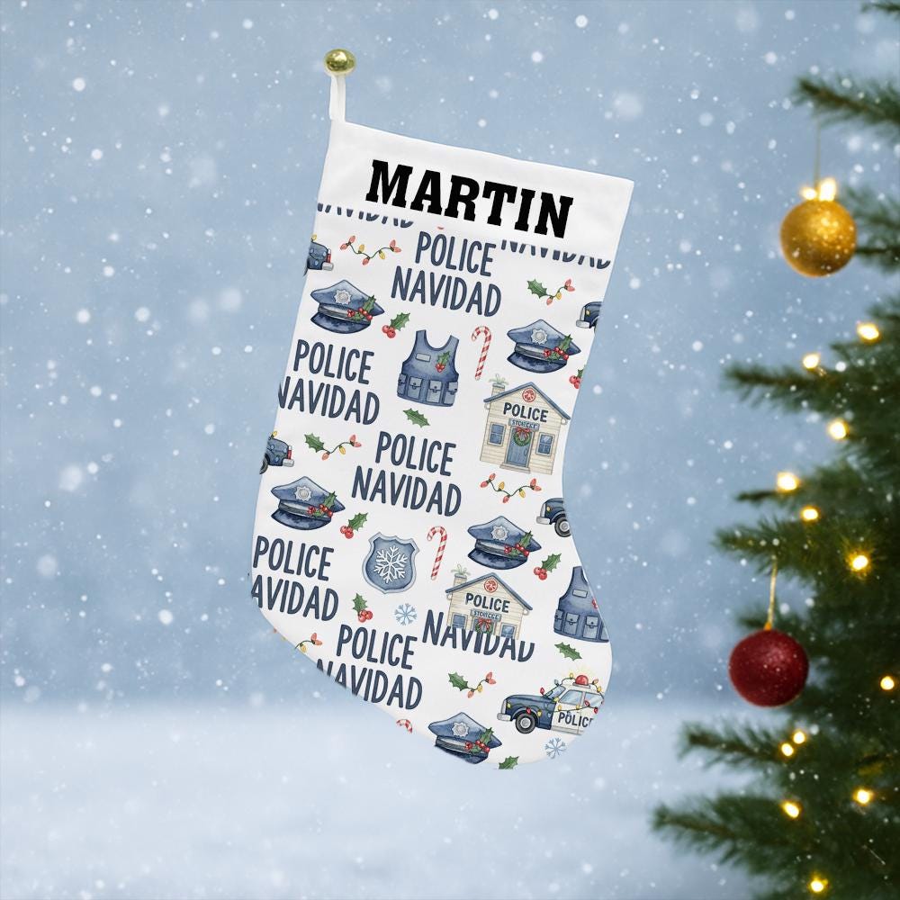 Custom Police Navidad Christmas Stocking with Name | Personalized Law Enforcement Holiday Decor