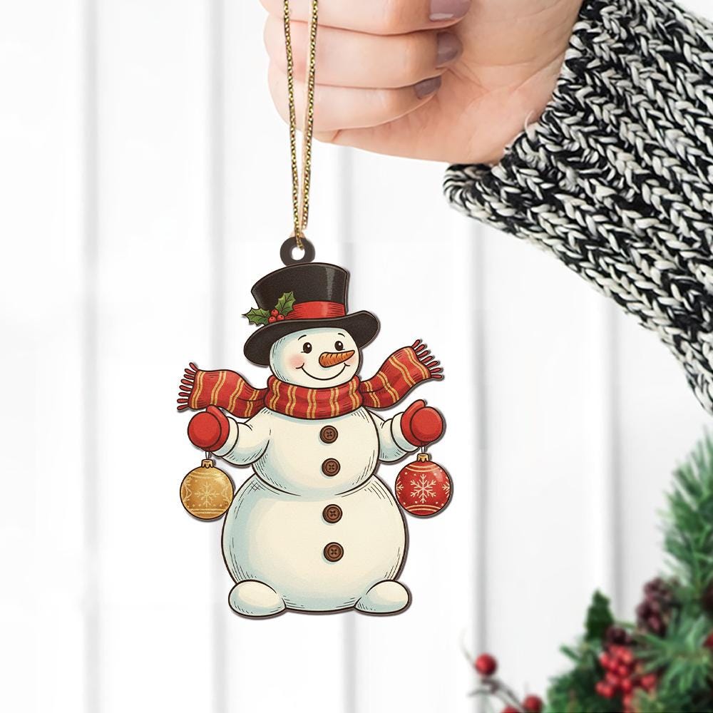 Personalized Acrylic Snowman Ornament: Holiday Tree Decoration with Red Scarf and Top Hat