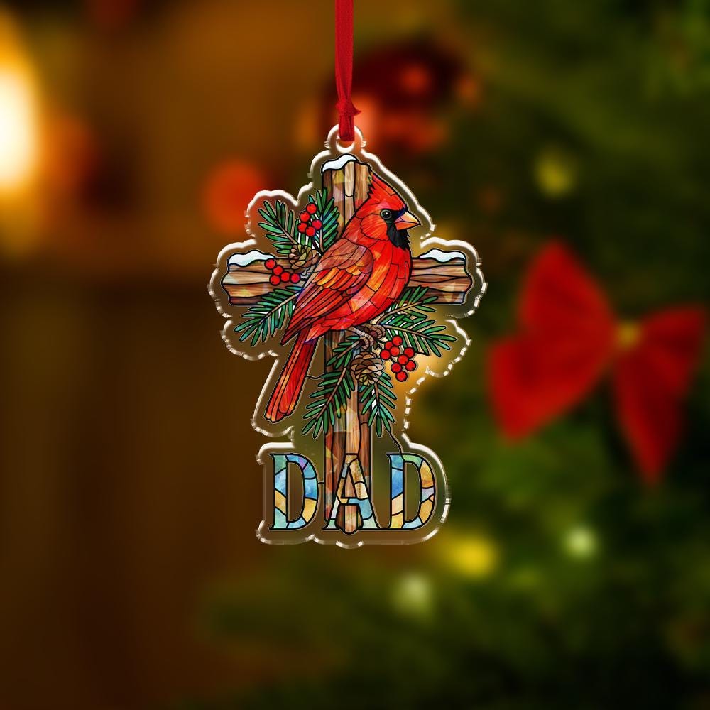Cardinal Cross Ornament for Dad: Hologram Effect Christmas Decoration