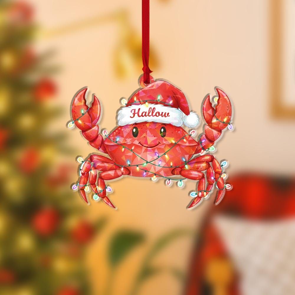 Hologram Custom Crab Christmas Ornament | Personalized Holiday Tree Decoration with Santa Hat and Lights
