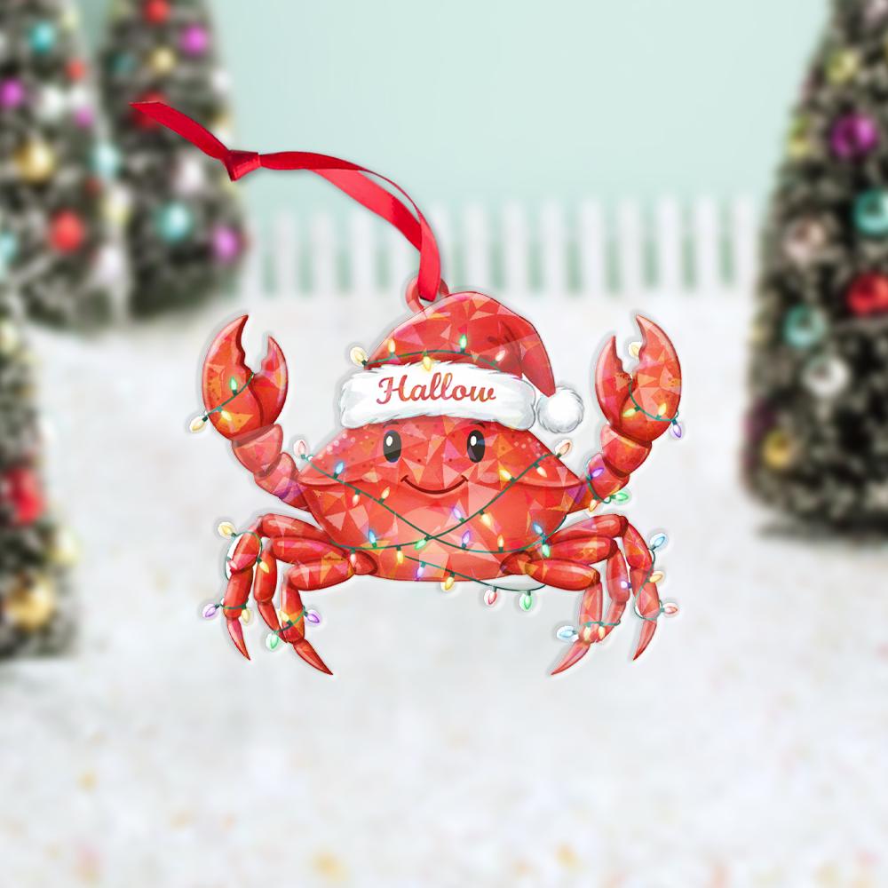 Hologram Custom Crab Christmas Ornament | Personalized Holiday Tree Decoration with Santa Hat and Lights