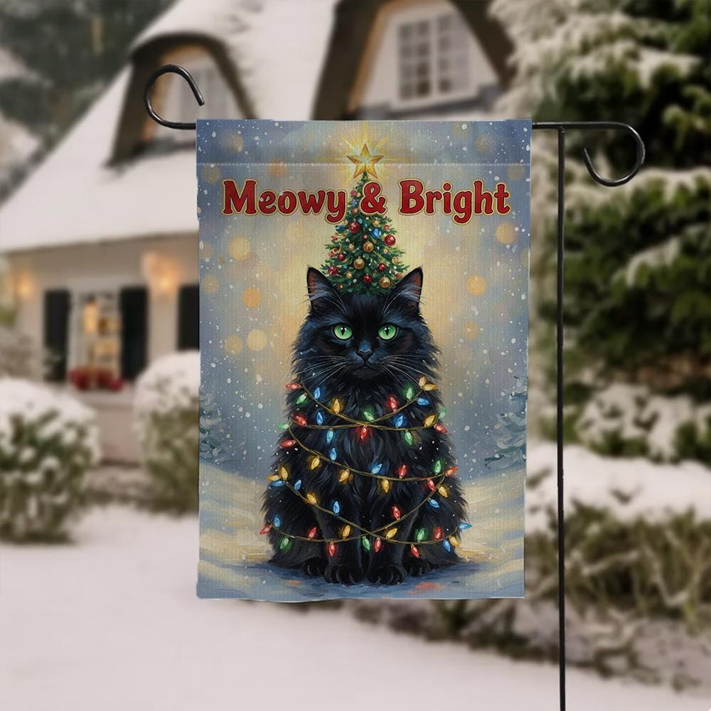 Polyester Garden Flag: Christmas Cat Decoration with Lights and Tree Design