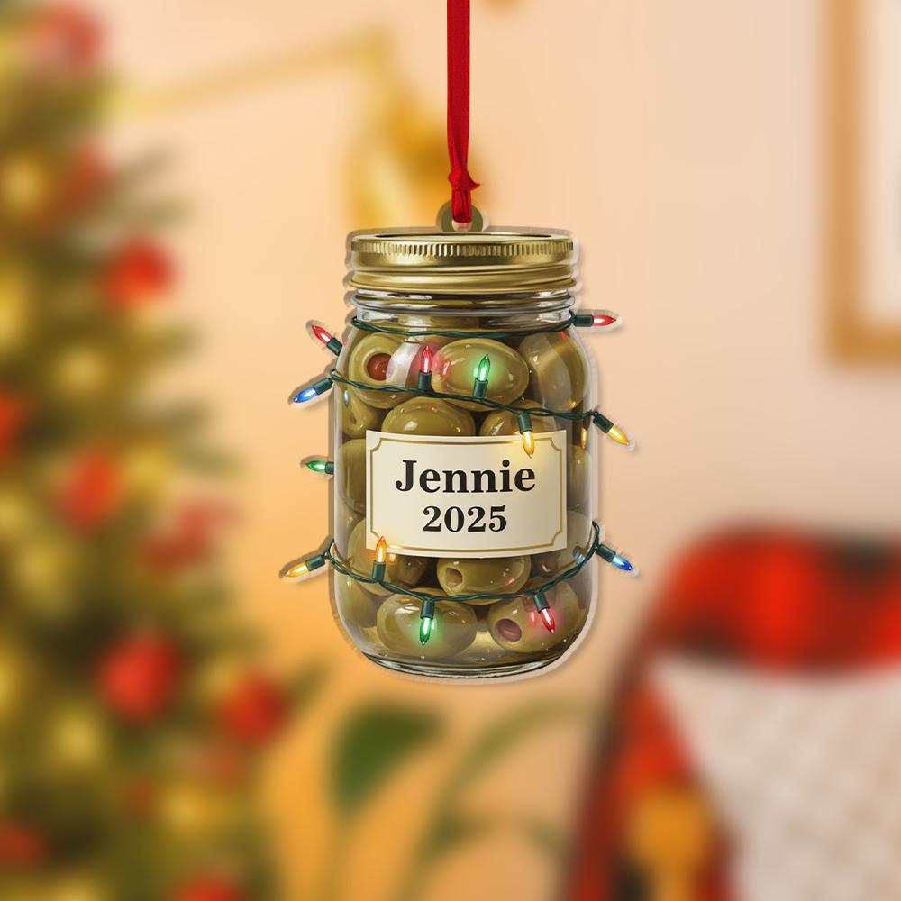 Custom Olive Jar Christmas Ornament with Name and Year | Personalized Holiday Tree Decoration