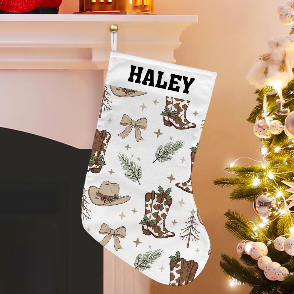 Custom Western Christmas Stocking with Name | Cowboy Boot and Hat Holiday Fireplace Decoration
