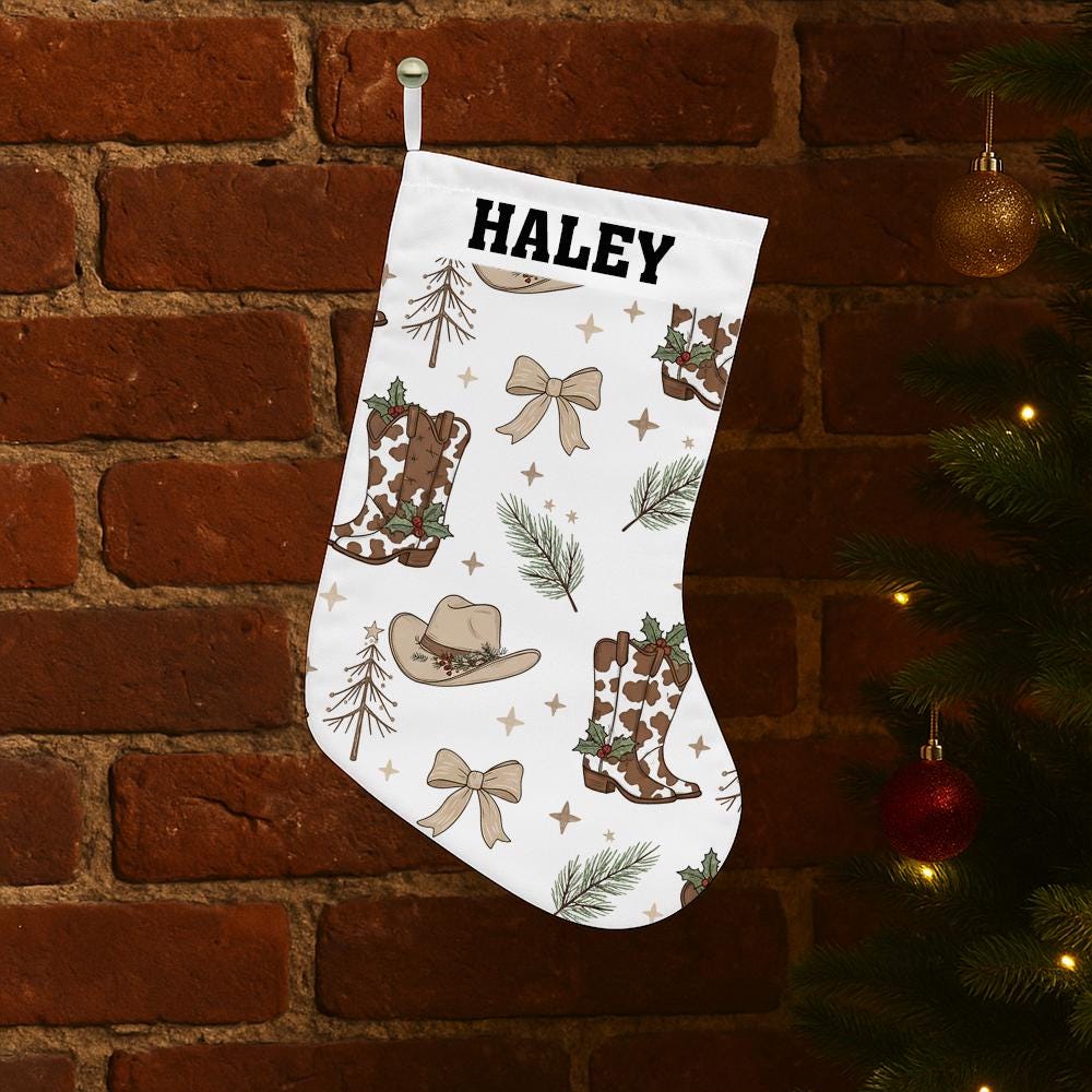 Custom Western Christmas Stocking with Name | Cowboy Boot and Hat Holiday Fireplace Decoration