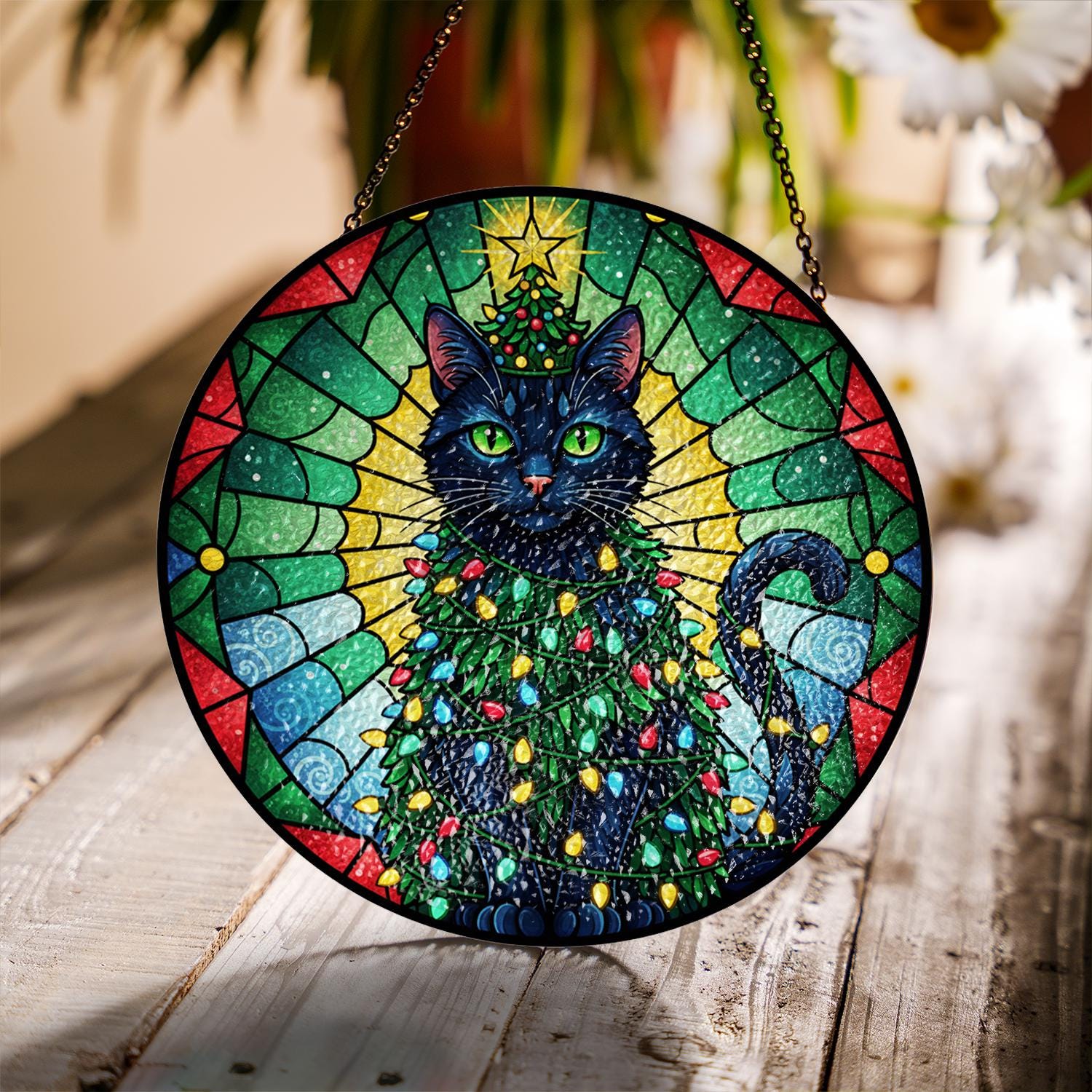 Glass Suncatcher: Christmas Cat Decoration with Tree and Lights Design