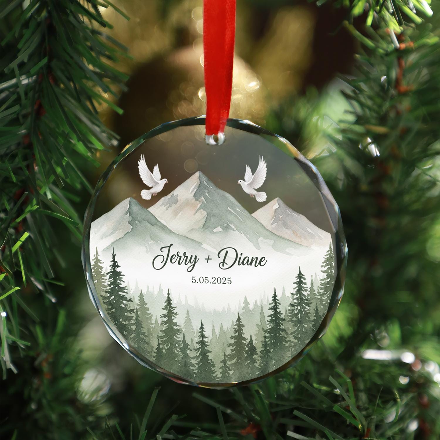 Custom Glass Ornament with Name and Date | Mountain and Dove Personalized Christmas Tree Decoration