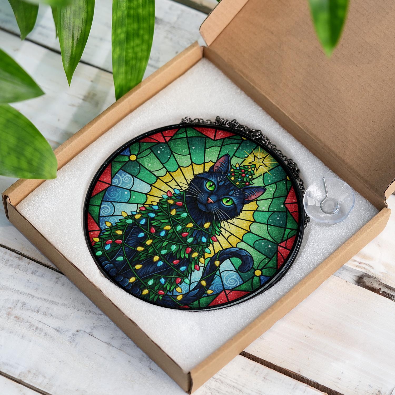 Glass Suncatcher: Christmas Cat Decoration with Tree and Lights Design