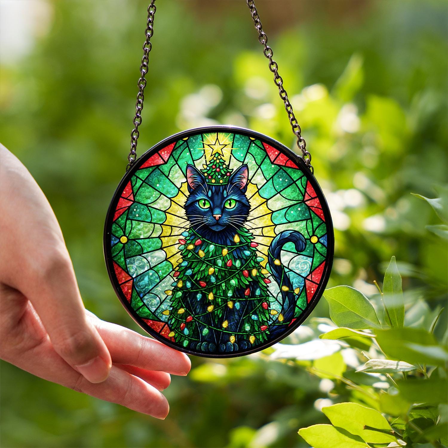 Glass Suncatcher: Christmas Cat Decoration with Tree and Lights Design