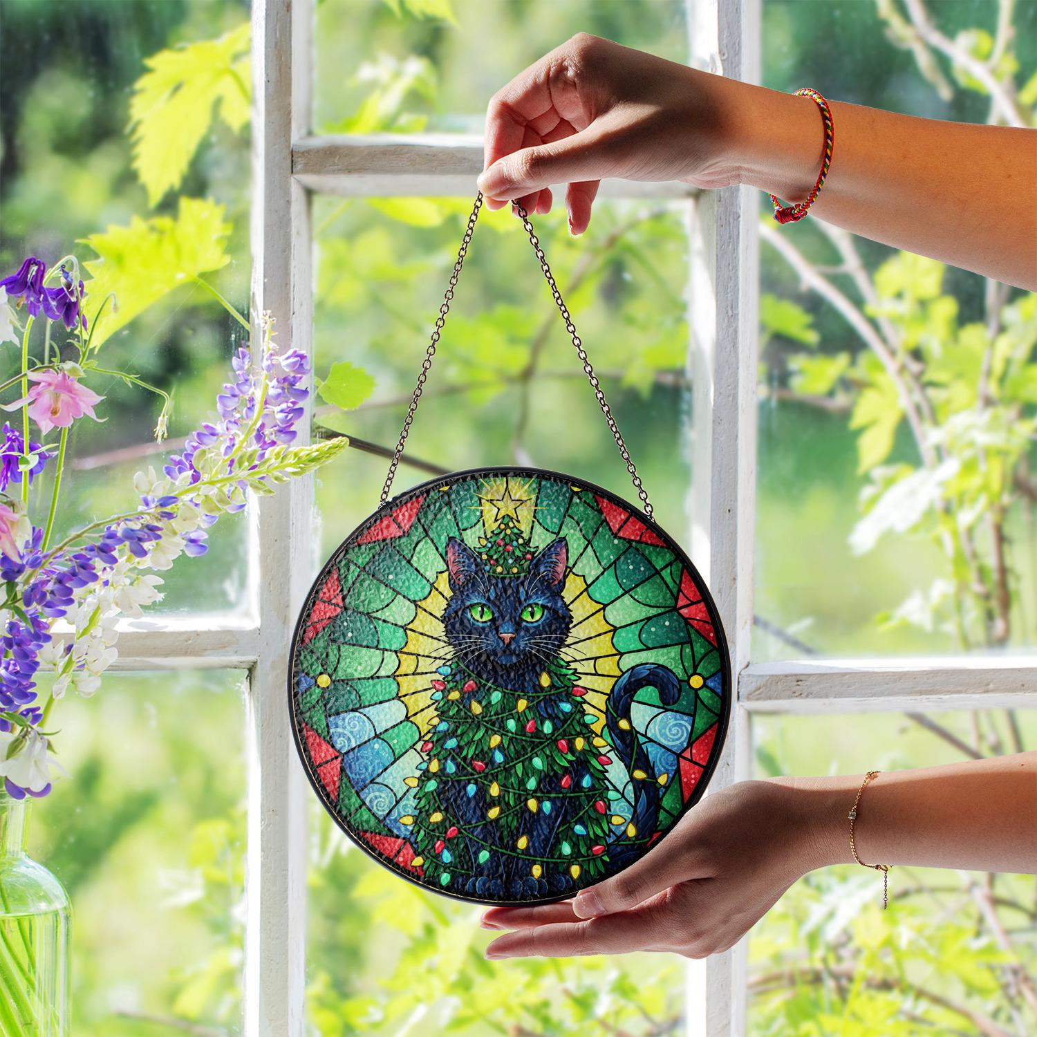 Glass Suncatcher: Christmas Cat Decoration with Tree and Lights Design