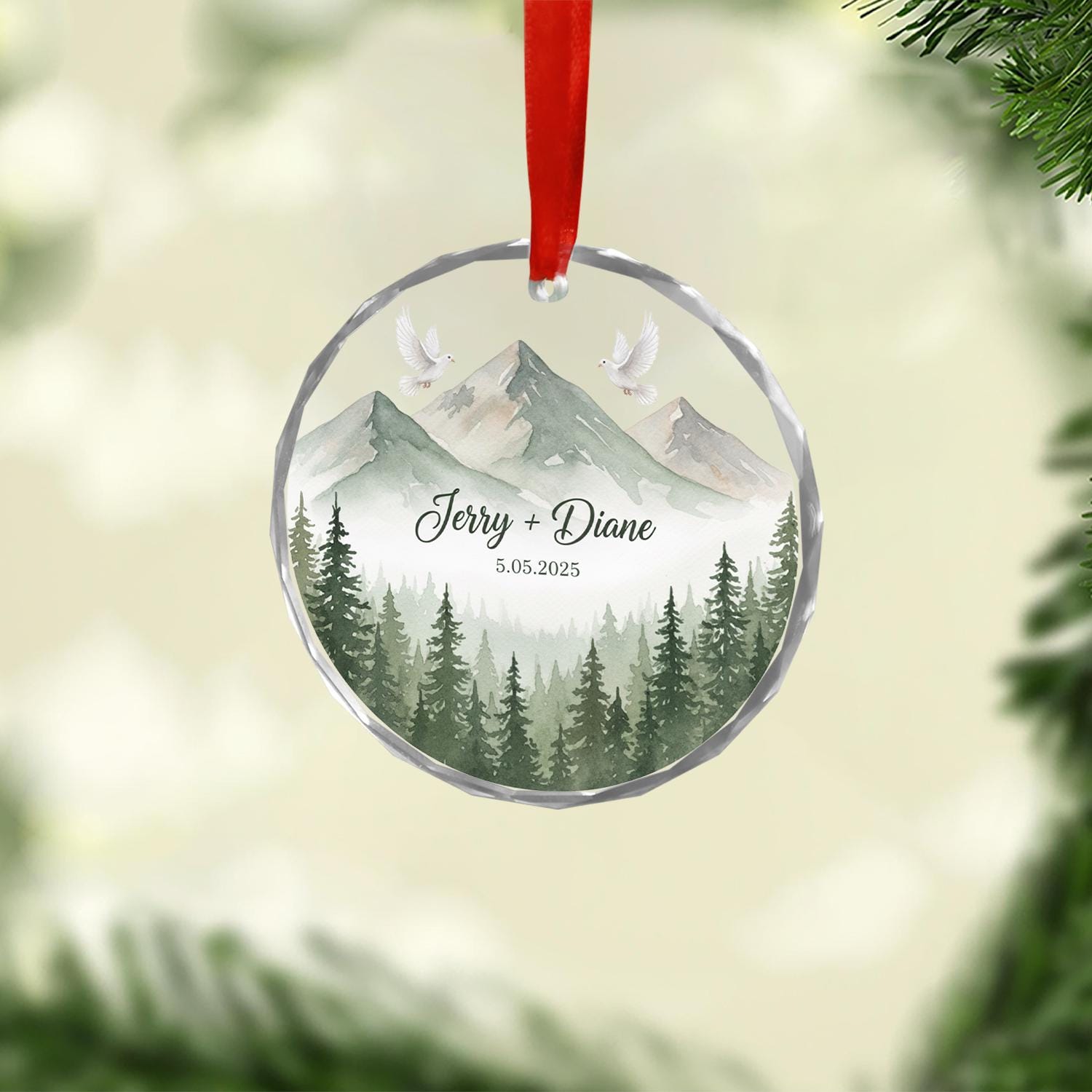Custom Glass Ornament with Name and Date | Mountain and Dove Personalized Christmas Tree Decoration