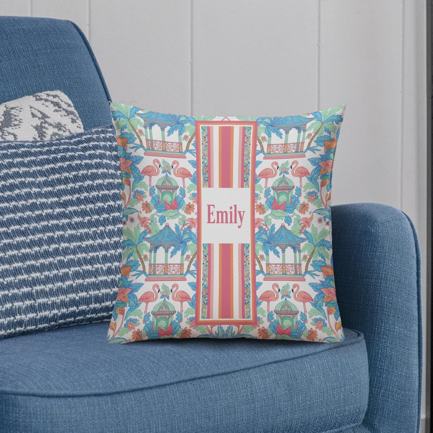 Custom Tropical Flamingo Pillow with Insert | Personalized Cushion with Name and Colorful Garden Design