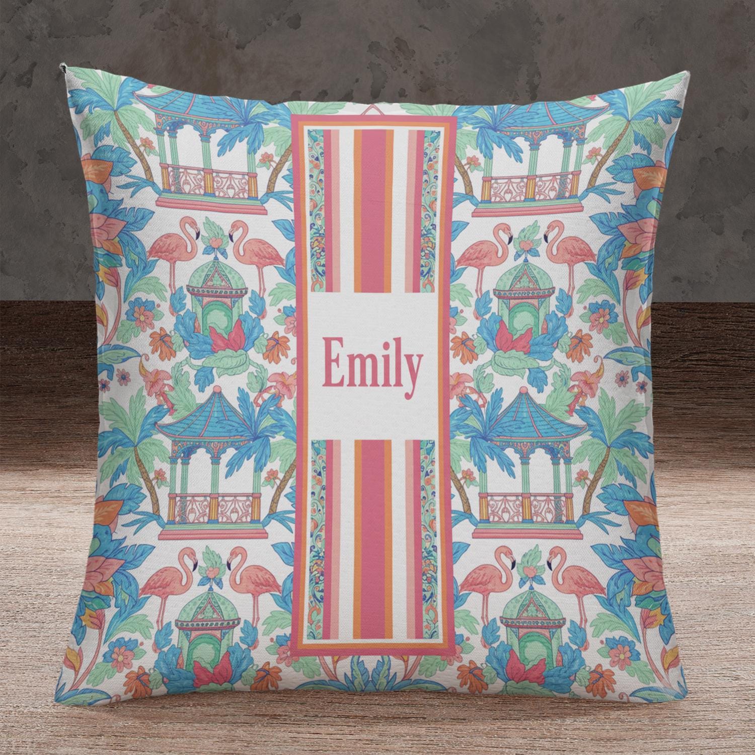Custom Tropical Flamingo Pillow with Insert | Personalized Cushion with Name and Colorful Garden Design
