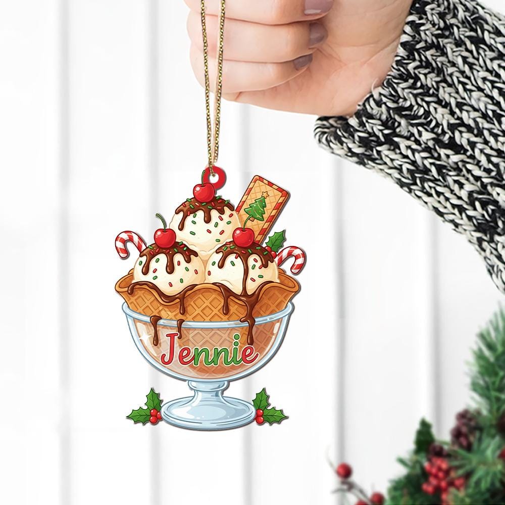 Personalized Acrylic Ice Cream Ornament: Christmas Tree Decoration with Candy Canes and Cherries
