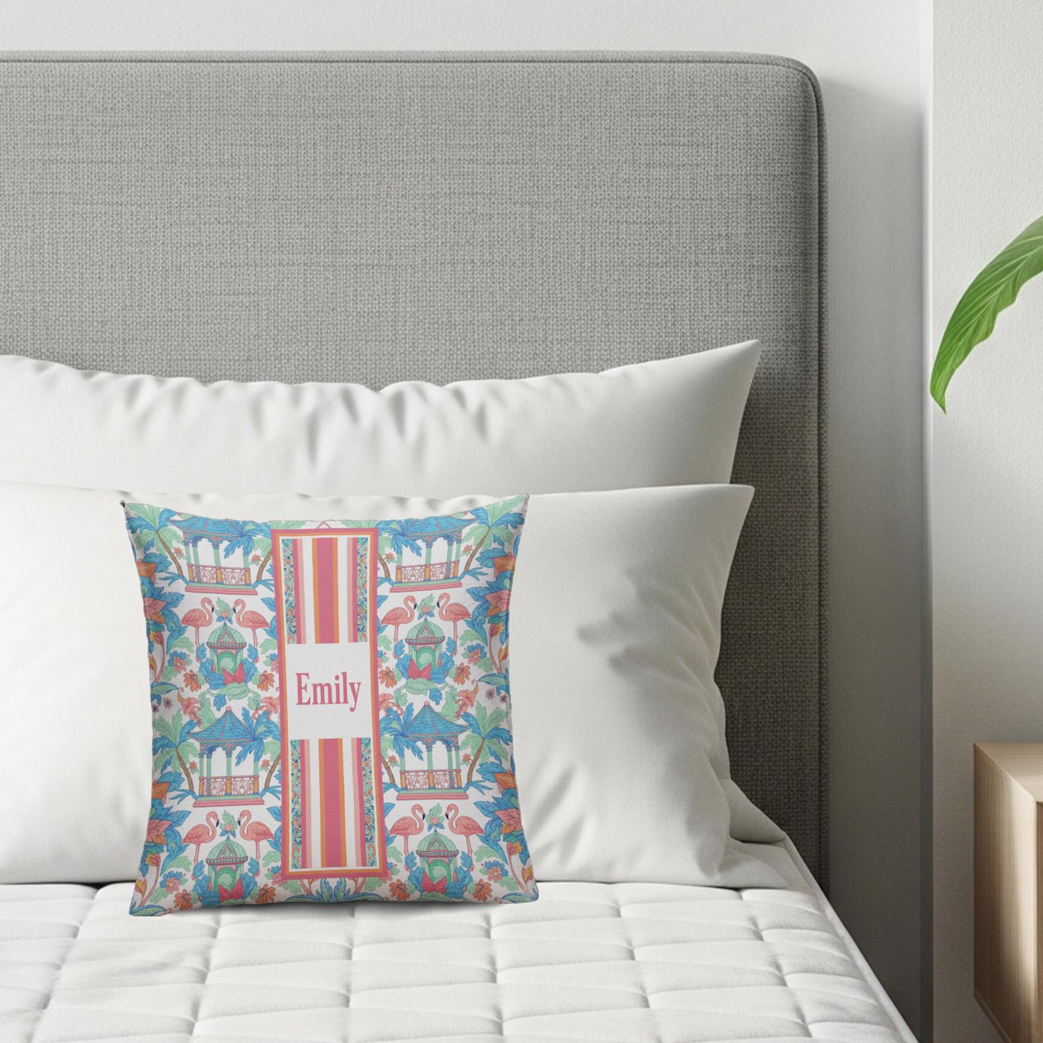 Custom Tropical Flamingo Pillow with Insert | Personalized Cushion with Name and Colorful Garden Design