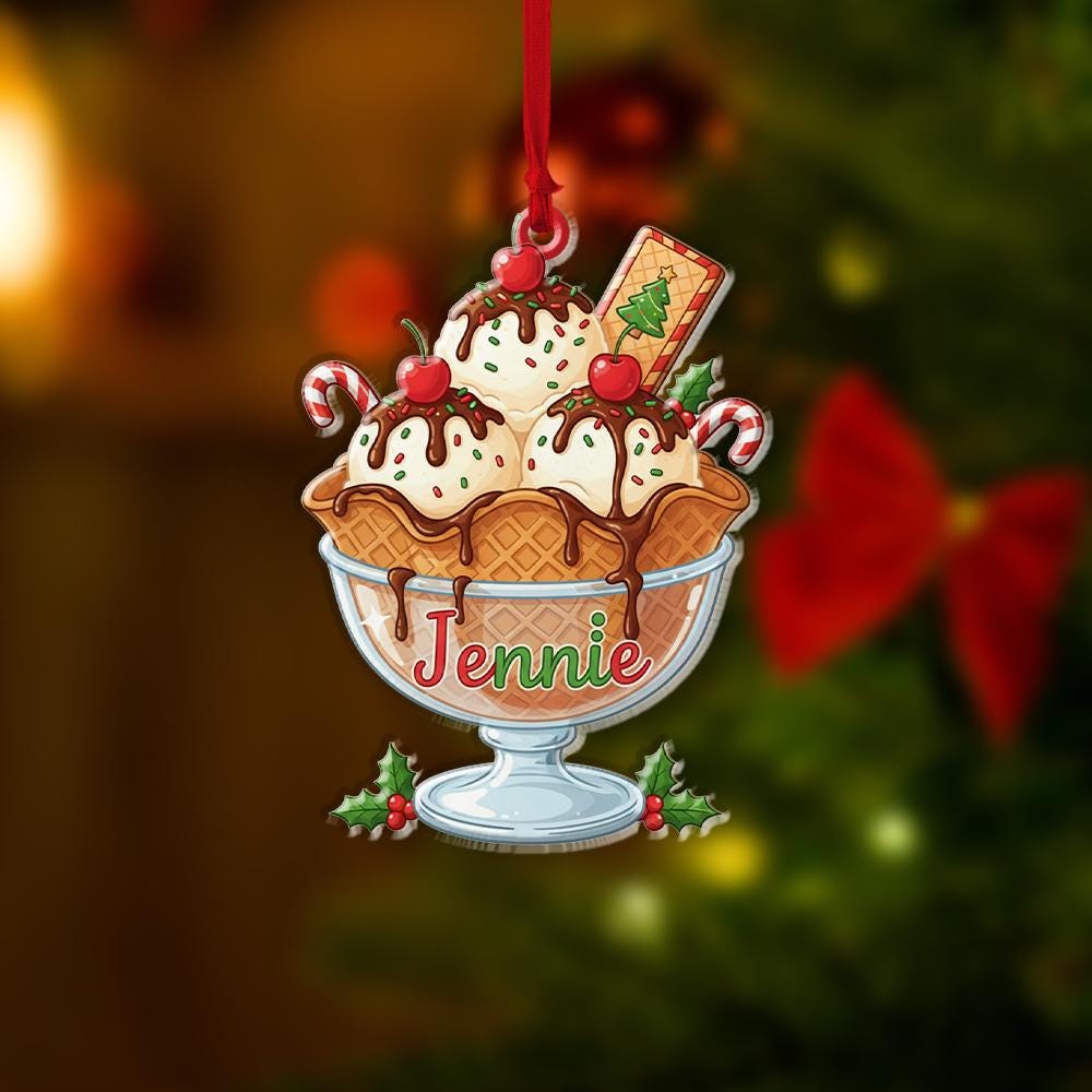 Personalized Acrylic Ice Cream Ornament: Christmas Tree Decoration with Candy Canes and Cherries