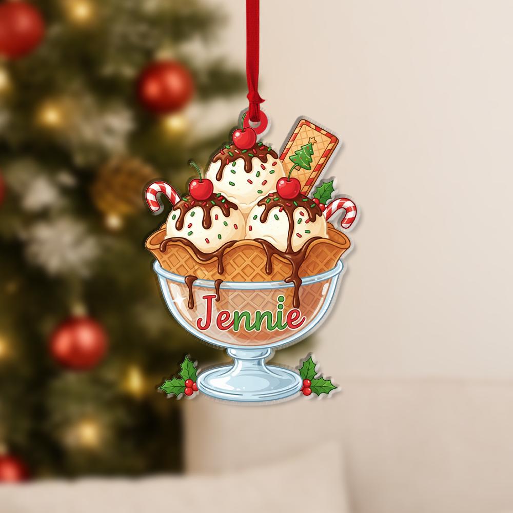 Personalized Acrylic Ice Cream Ornament: Christmas Tree Decoration with Candy Canes and Cherries