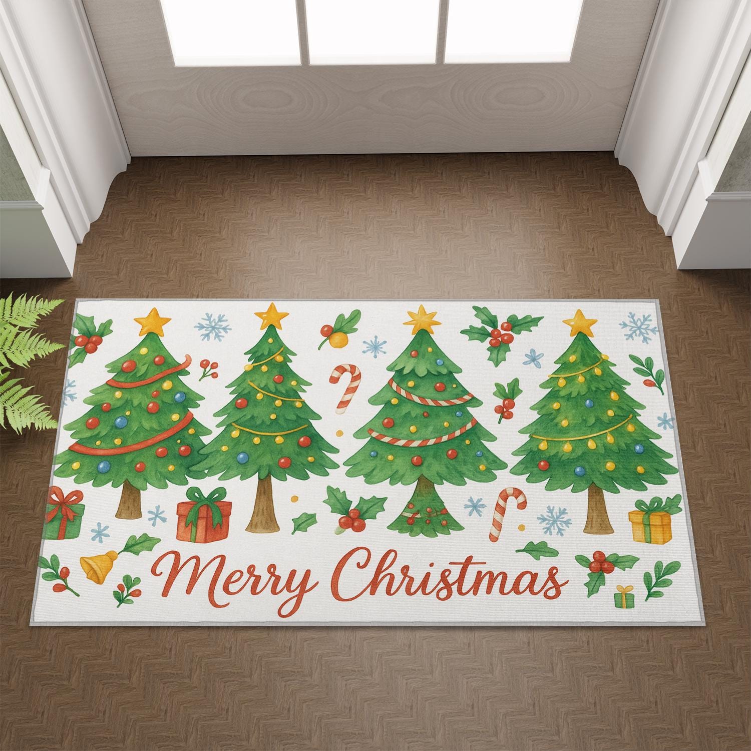Christmas Doormat: Christmas Entry Rug with Trees and Holiday Decor