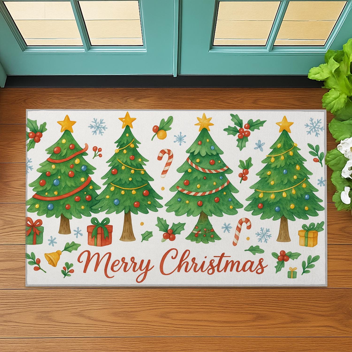 Christmas Doormat: Christmas Entry Rug with Trees and Holiday Decor