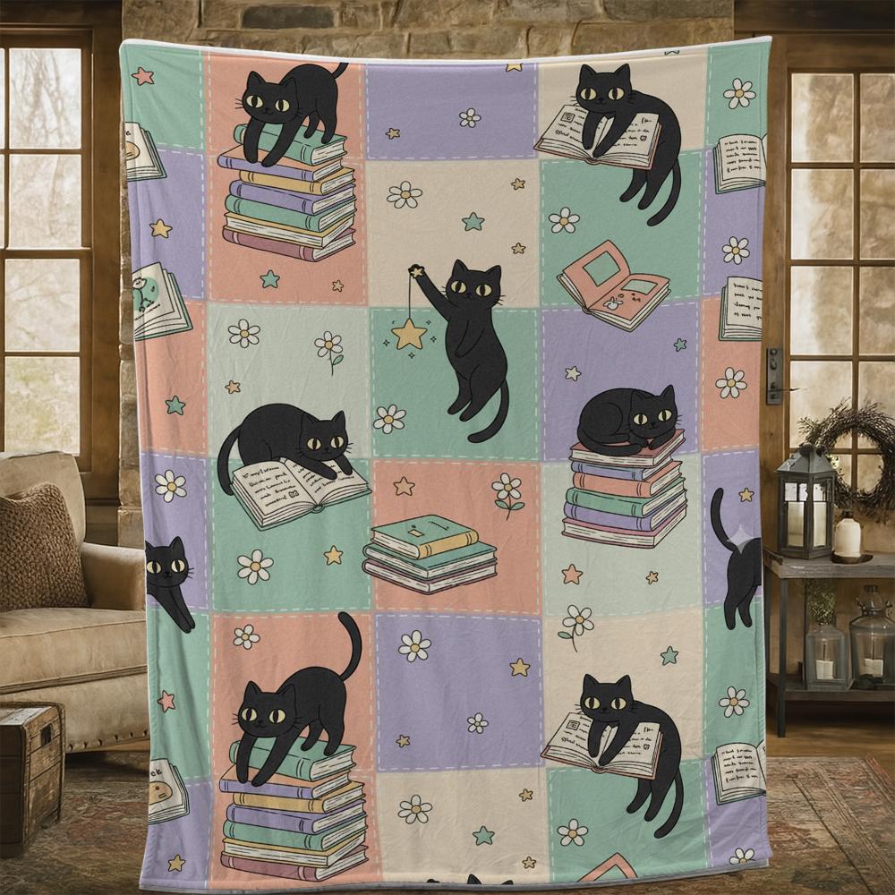 Black Cat Fleece Blanket: Cozy Throw with Books and Stars
