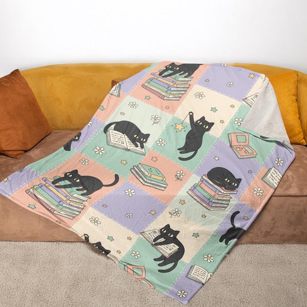 Black Cat Fleece Blanket: Cozy Throw with Books and Stars