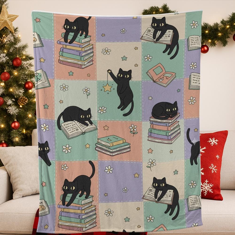 Black Cat Fleece Blanket: Cozy Throw with Books and Stars