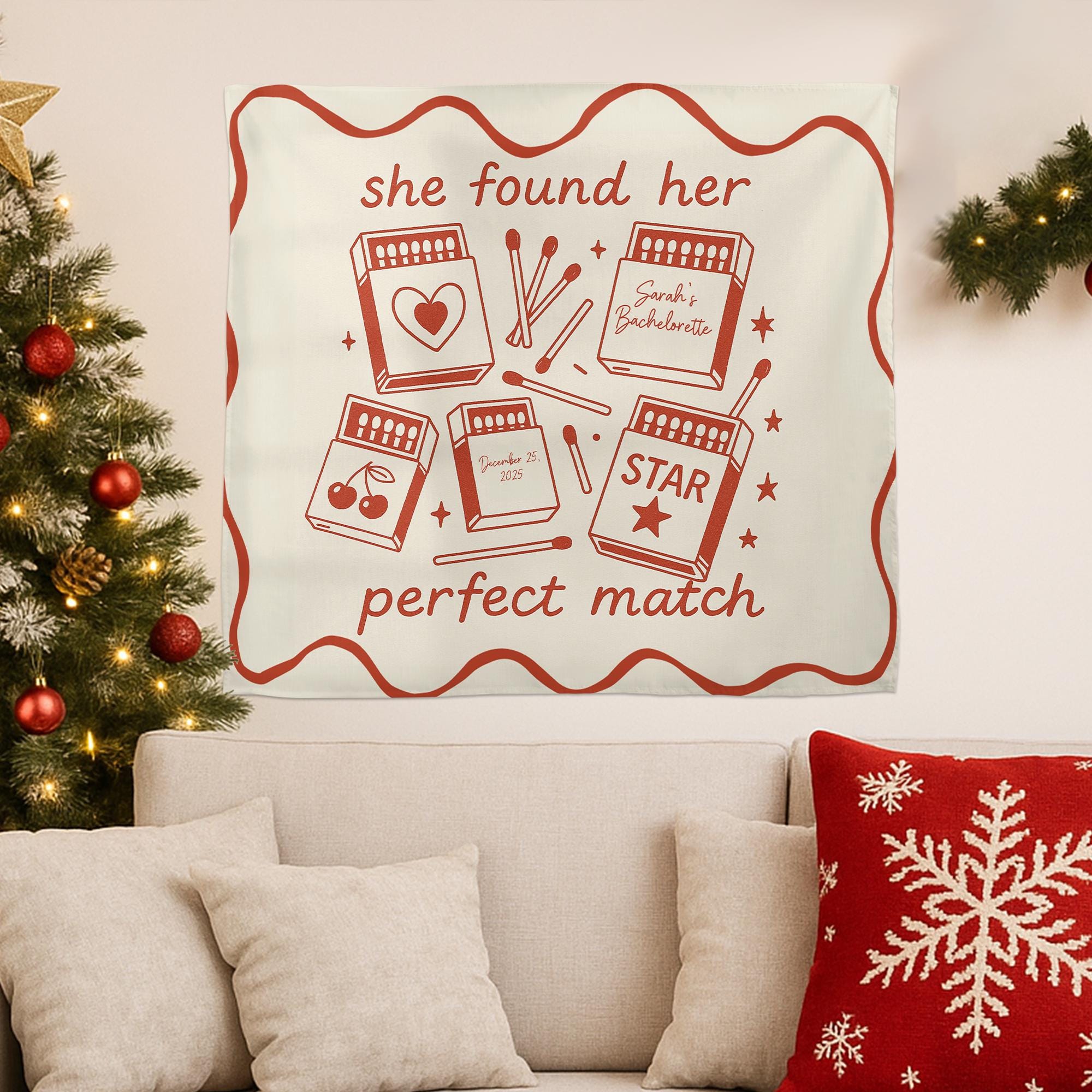 Custom Matchbox Tapestry with Text – Personalized Wall Hanging for Wedding or Bachelorette Party