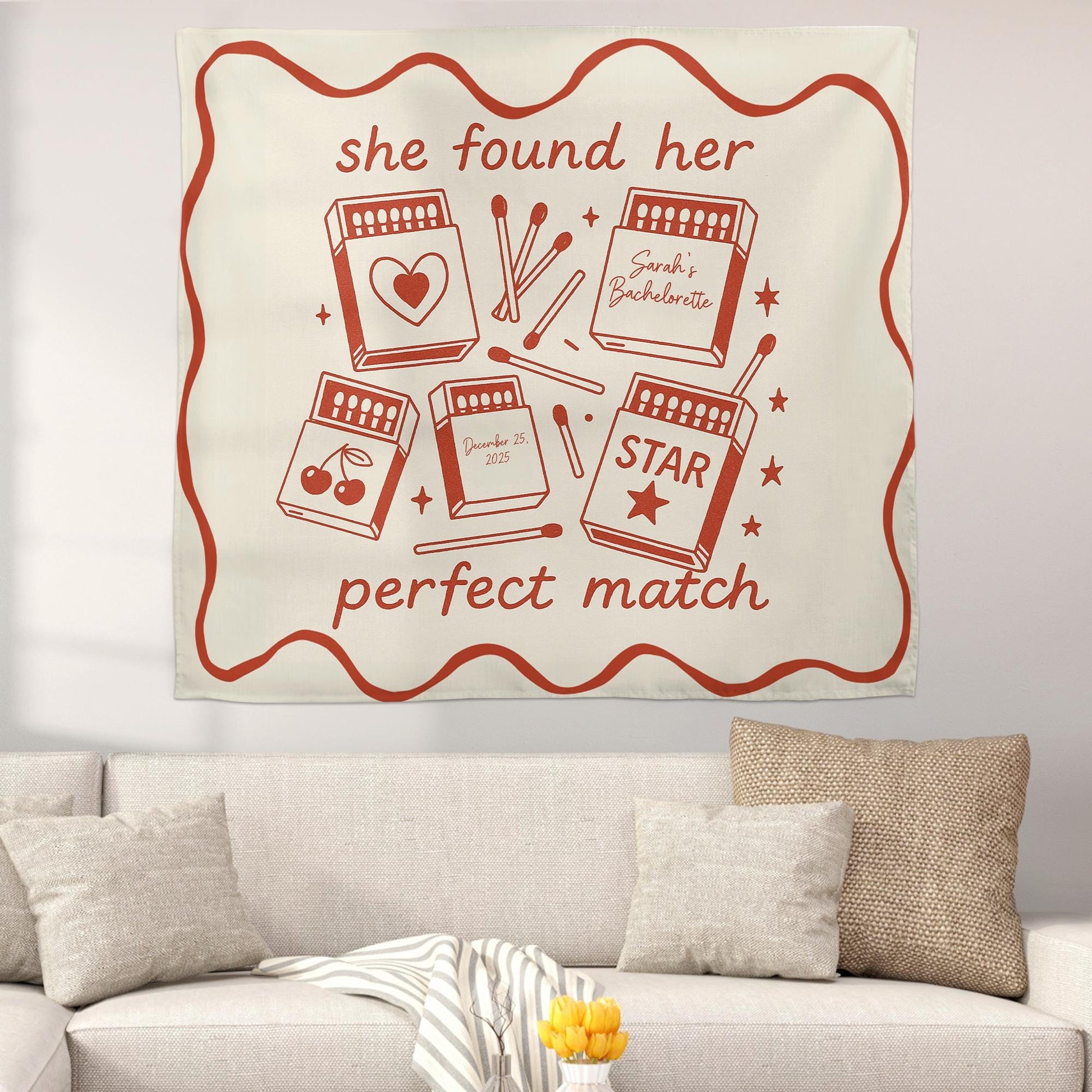 Custom Matchbox Tapestry with Text – Personalized Wall Hanging for Wedding or Bachelorette Party