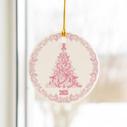 Pink Ribbon Tree Christmas Ceramic Ornament 2025; Round Porcelain Awareness Decor