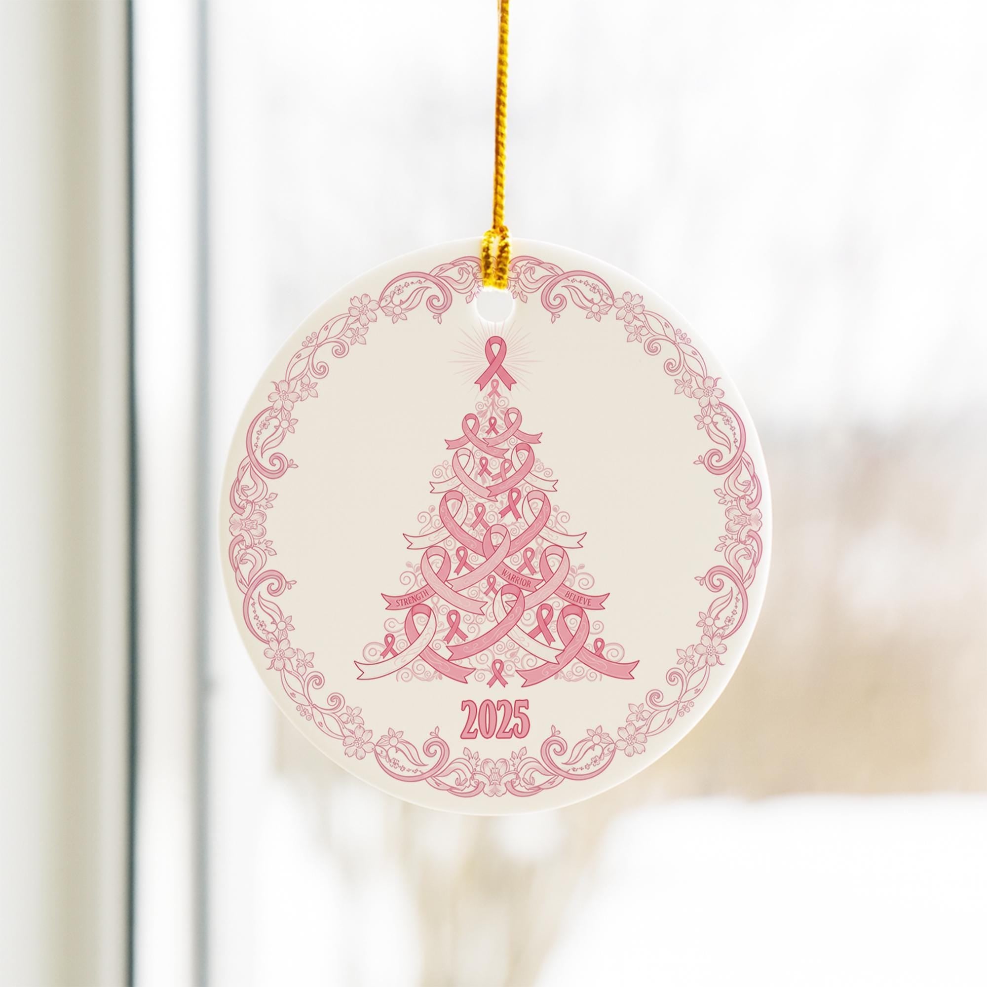 Pink Ribbon Tree Christmas Ceramic Ornament 2025; Round Porcelain Awareness Decor