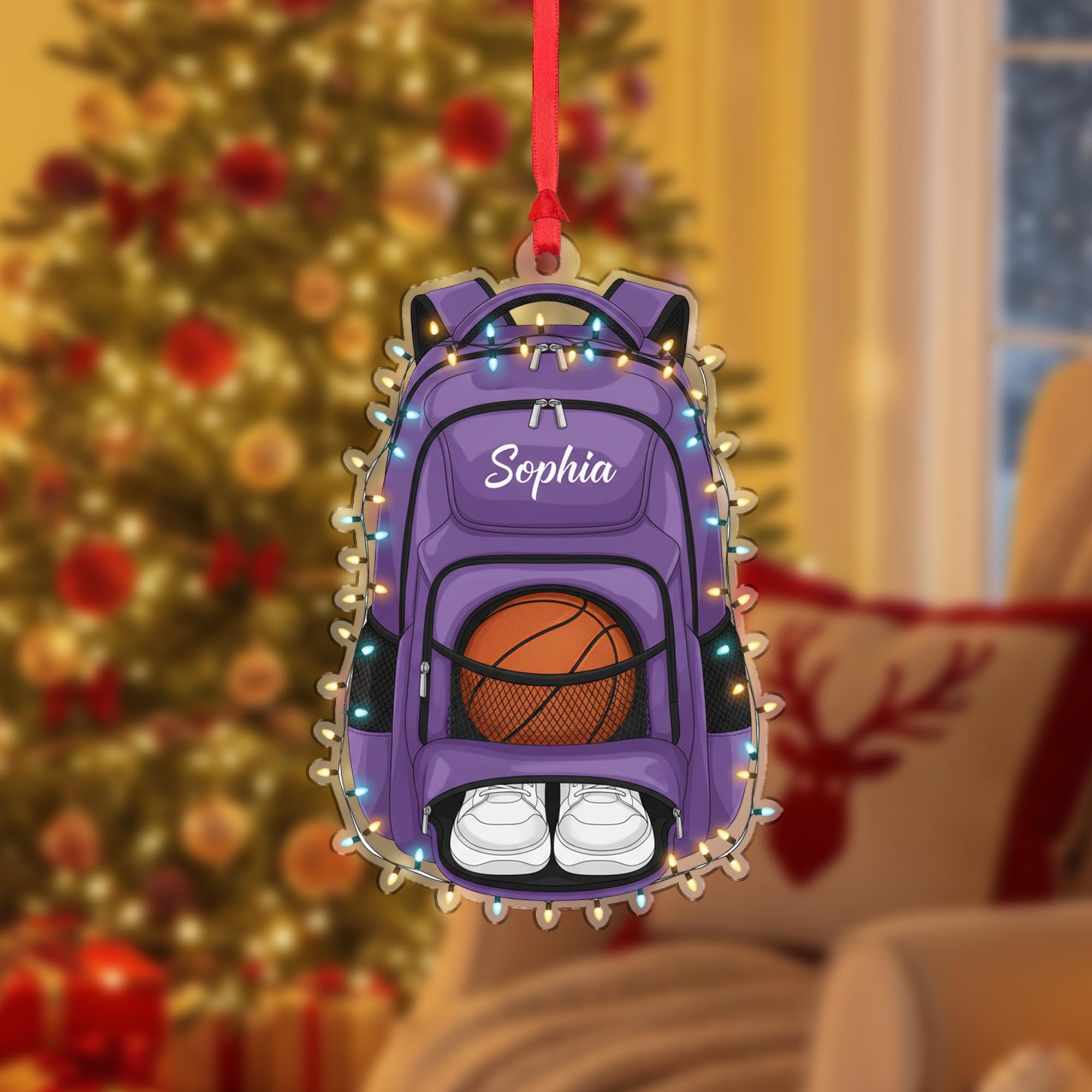 Personalized Basketball Bag Shaped Acrylic Ornament; Custom Name Sports Backpack Decor
