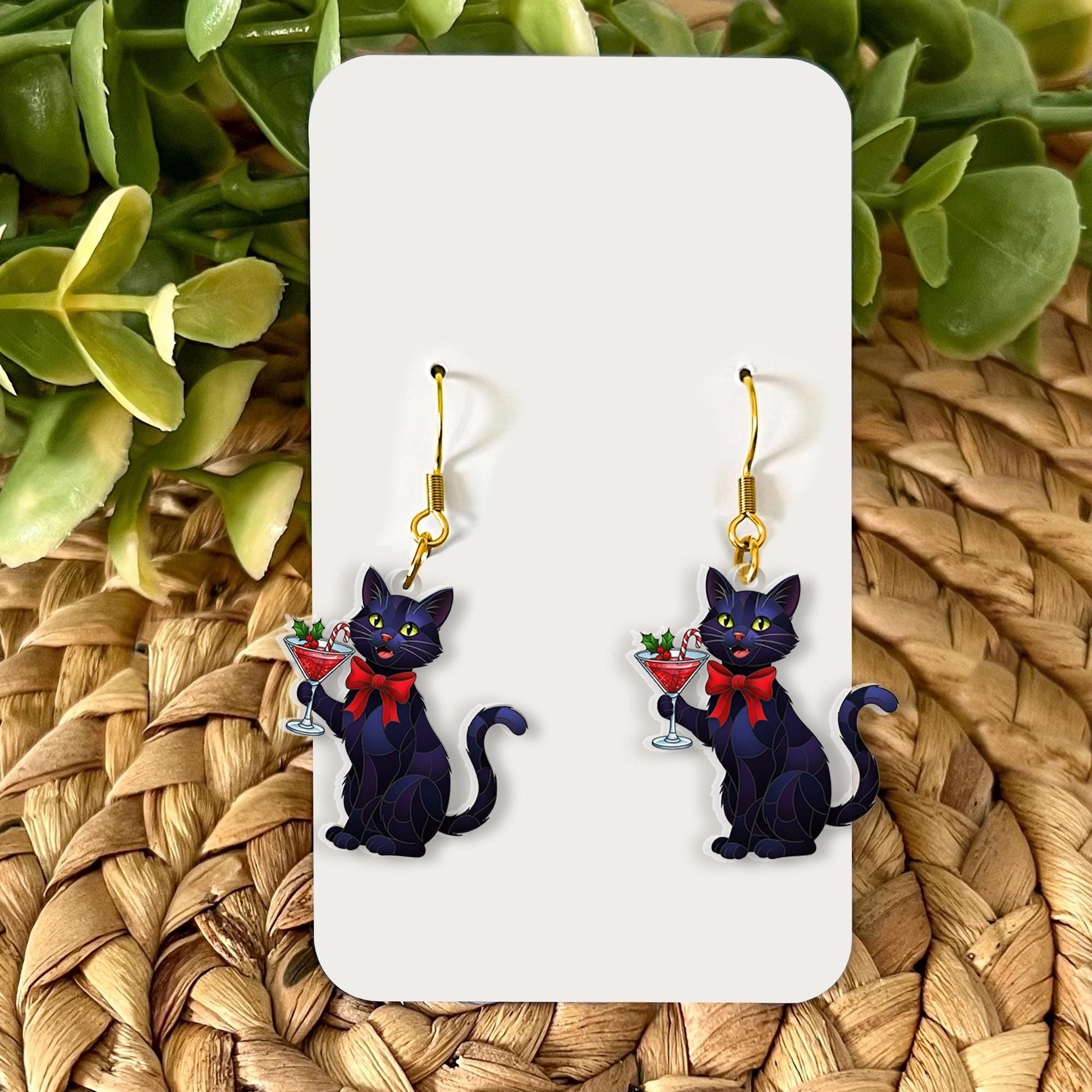 Black Cat Earrings – Holiday Jewelry with Cocktail Glass Design