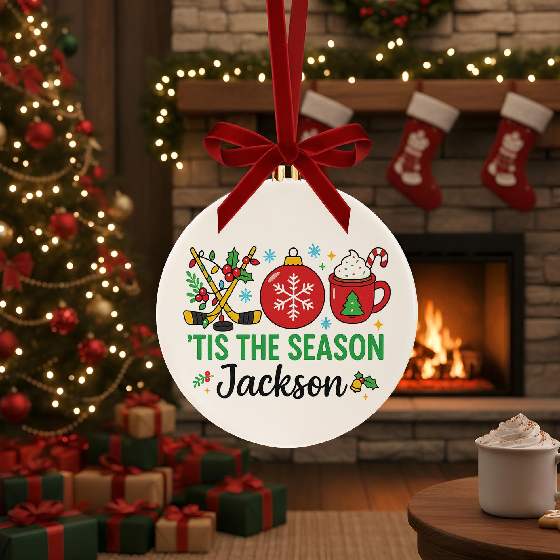 Personalized Hockey Christmas Ceramic Ornament - 'Tis the Season Hot Cocoa