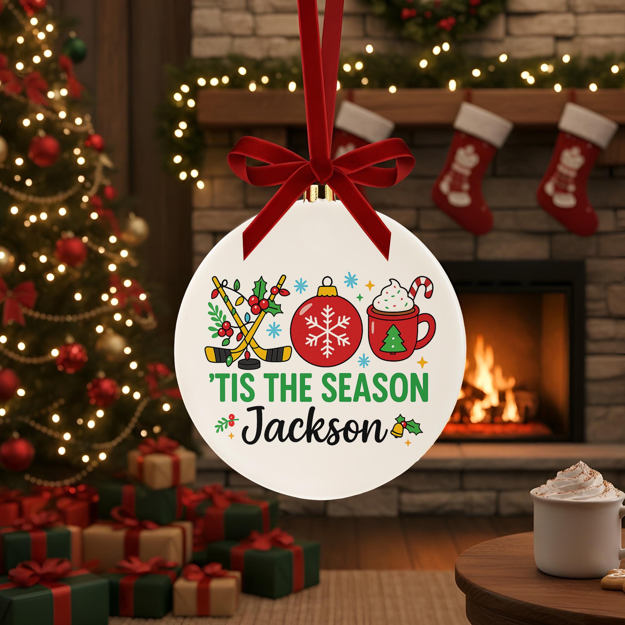 Personalized Hockey Christmas Ceramic Ornament - 'Tis the Season Hot Cocoa