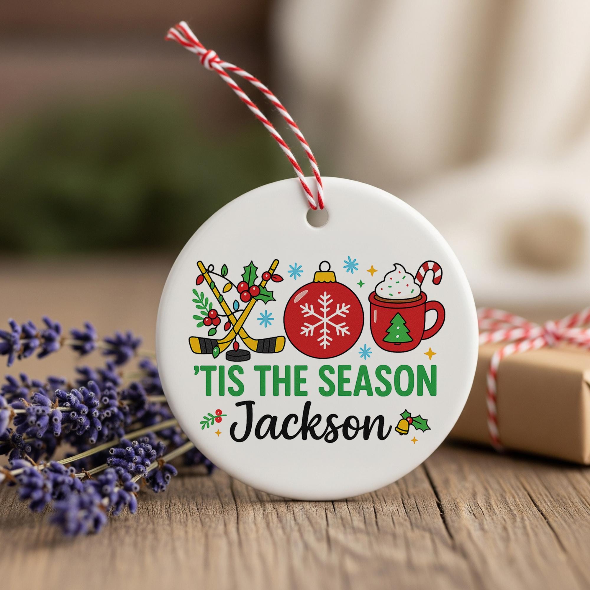 Personalized Hockey Christmas Ceramic Ornament - 'Tis the Season Hot Cocoa