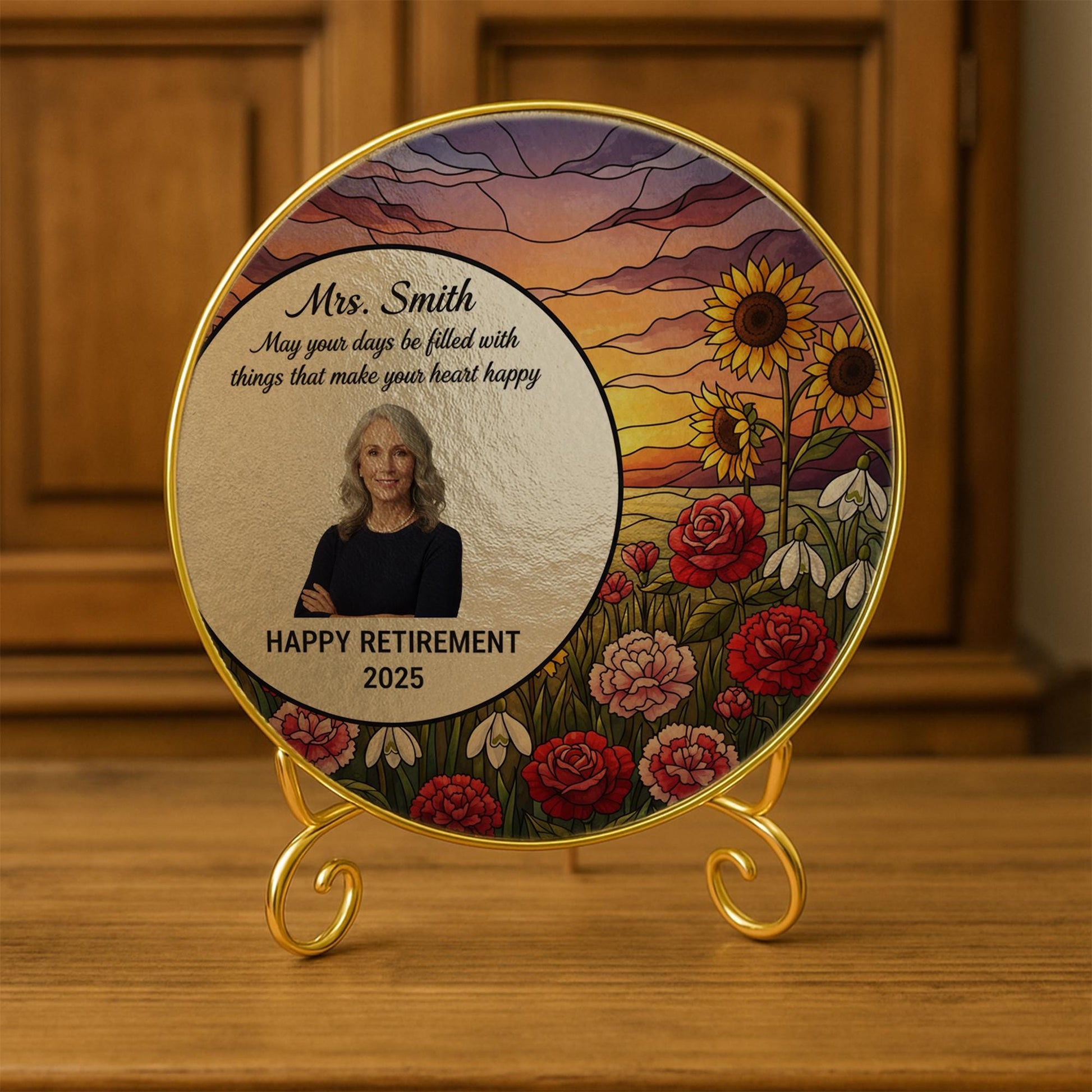 Personalized Glass Suncatcher – Gold Edge Floral Retirement Decoration