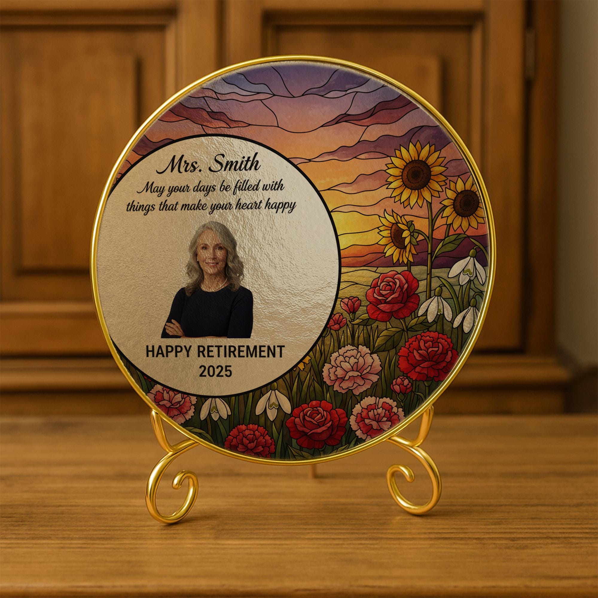 Personalized Glass Suncatcher – Gold Edge Floral Retirement Decoration