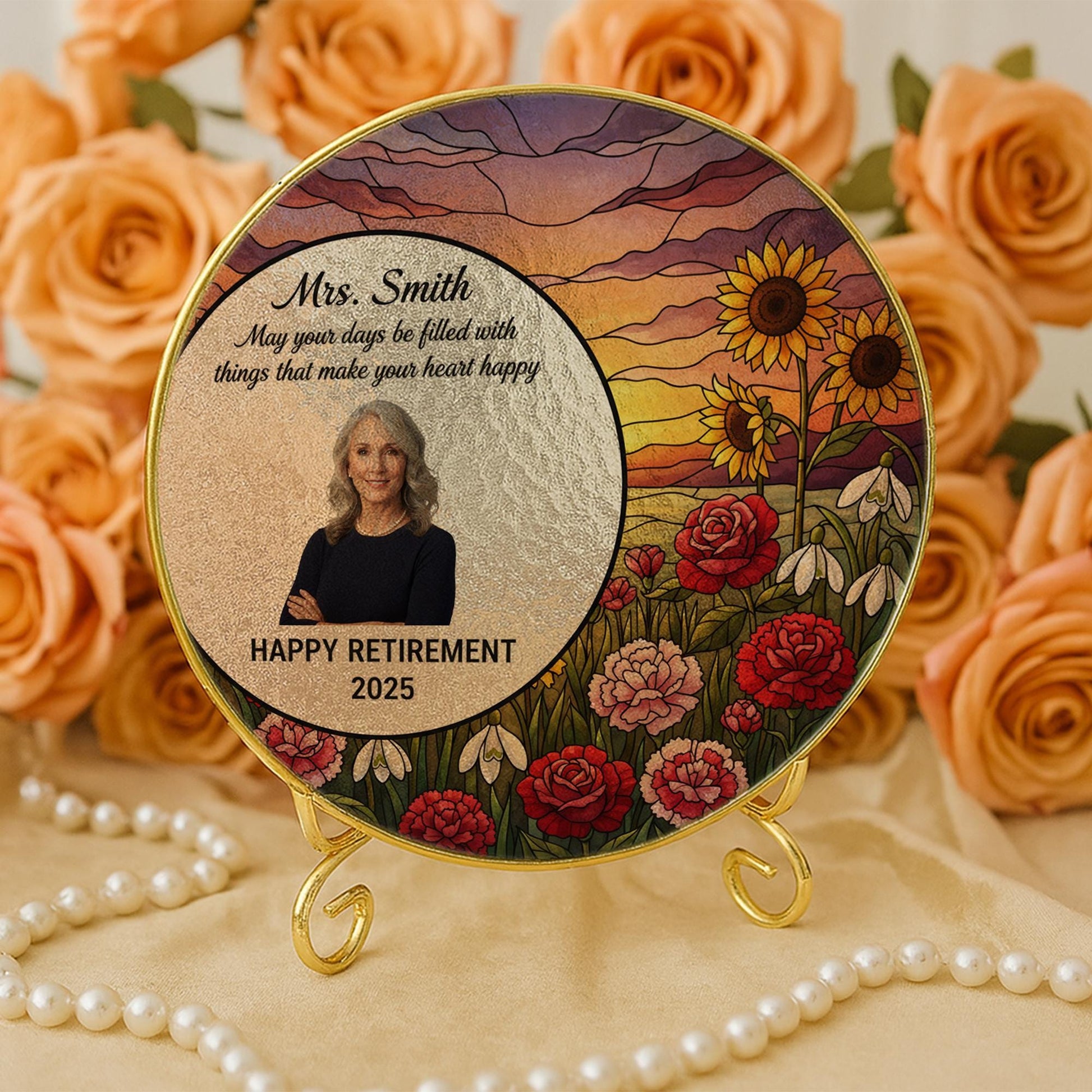 Personalized Glass Suncatcher – Gold Edge Floral Retirement Decoration