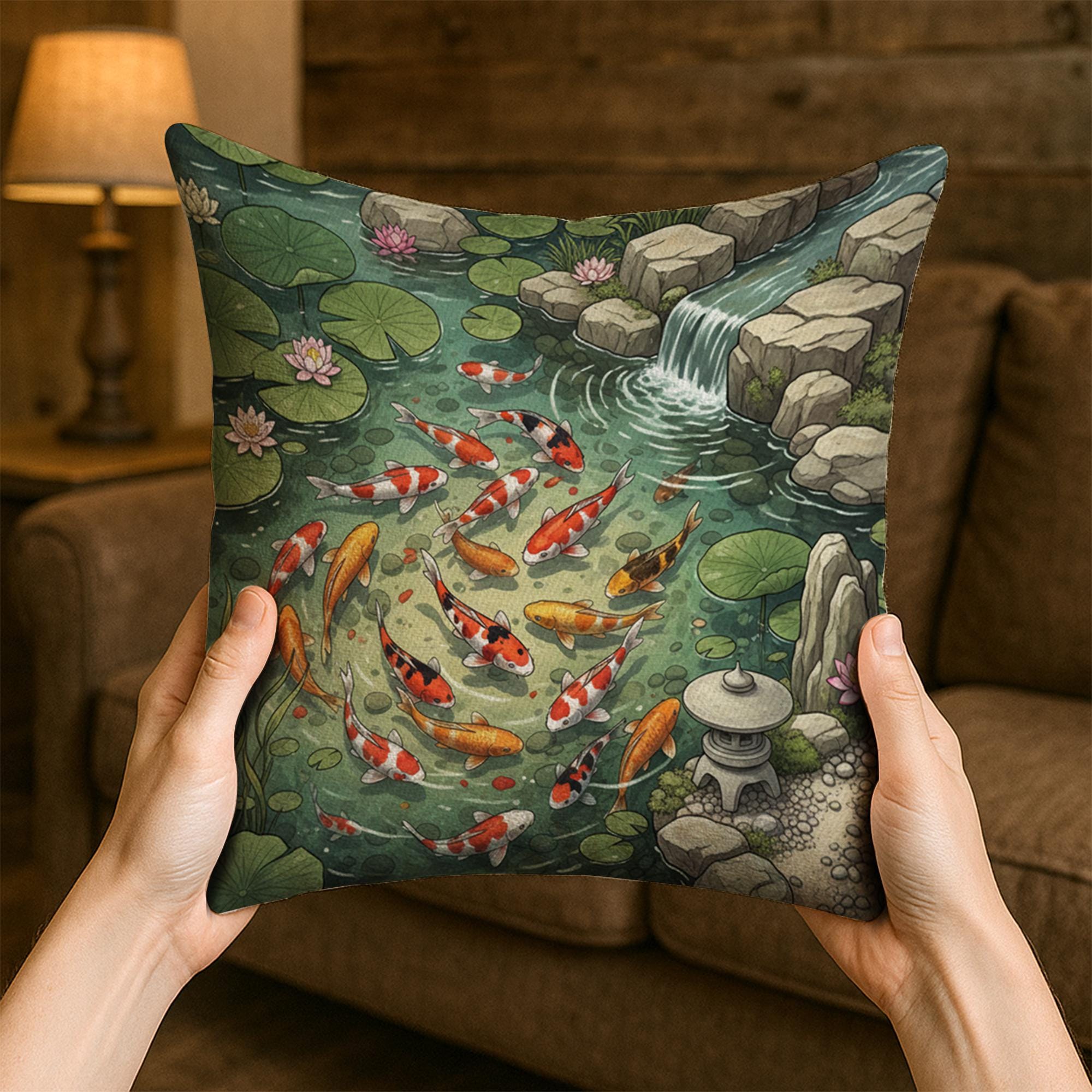 Koi Fish Pillow – Japanese Pond Cushion with Waterfall and Lotus Design