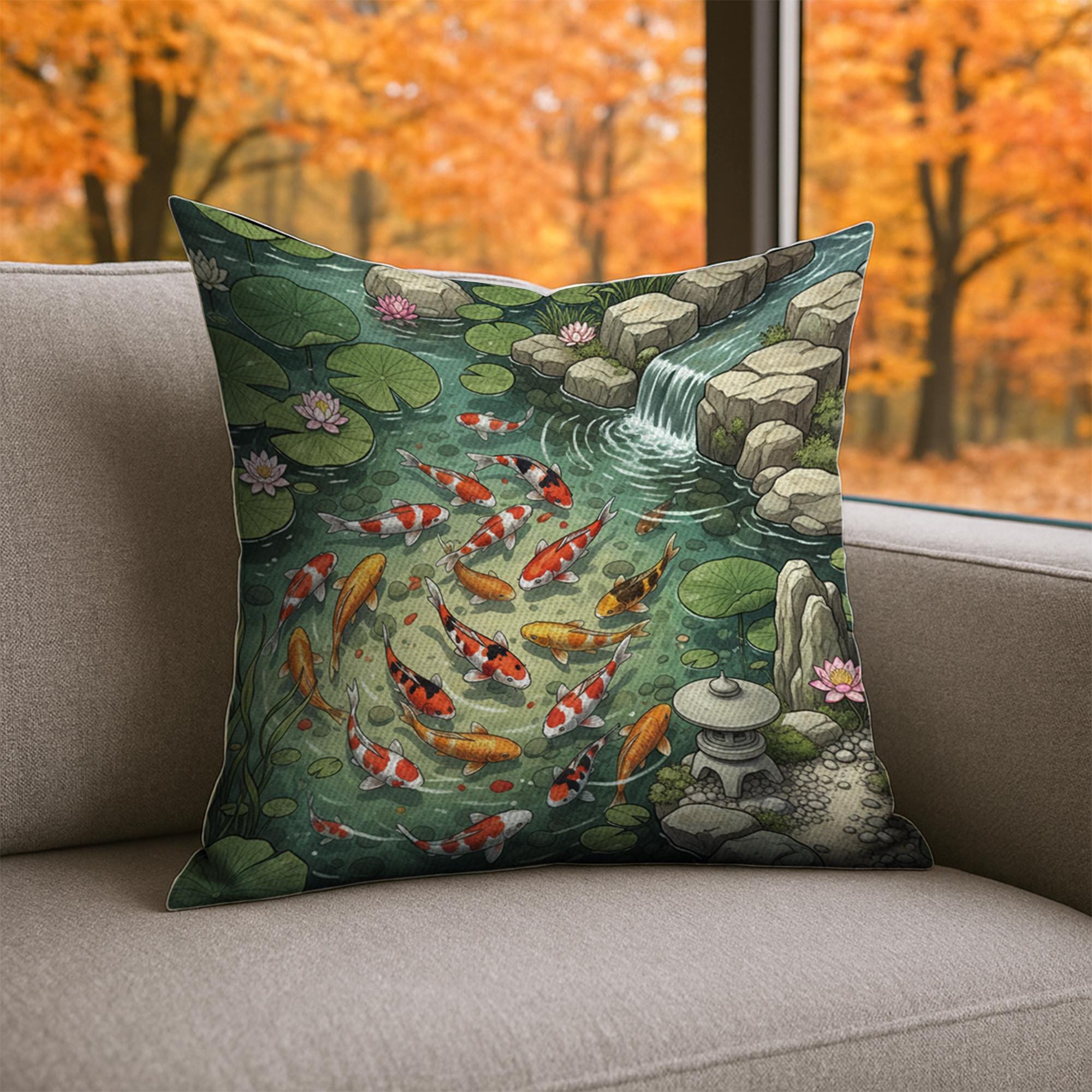 Koi Fish Pillow – Japanese Pond Cushion with Waterfall and Lotus Design