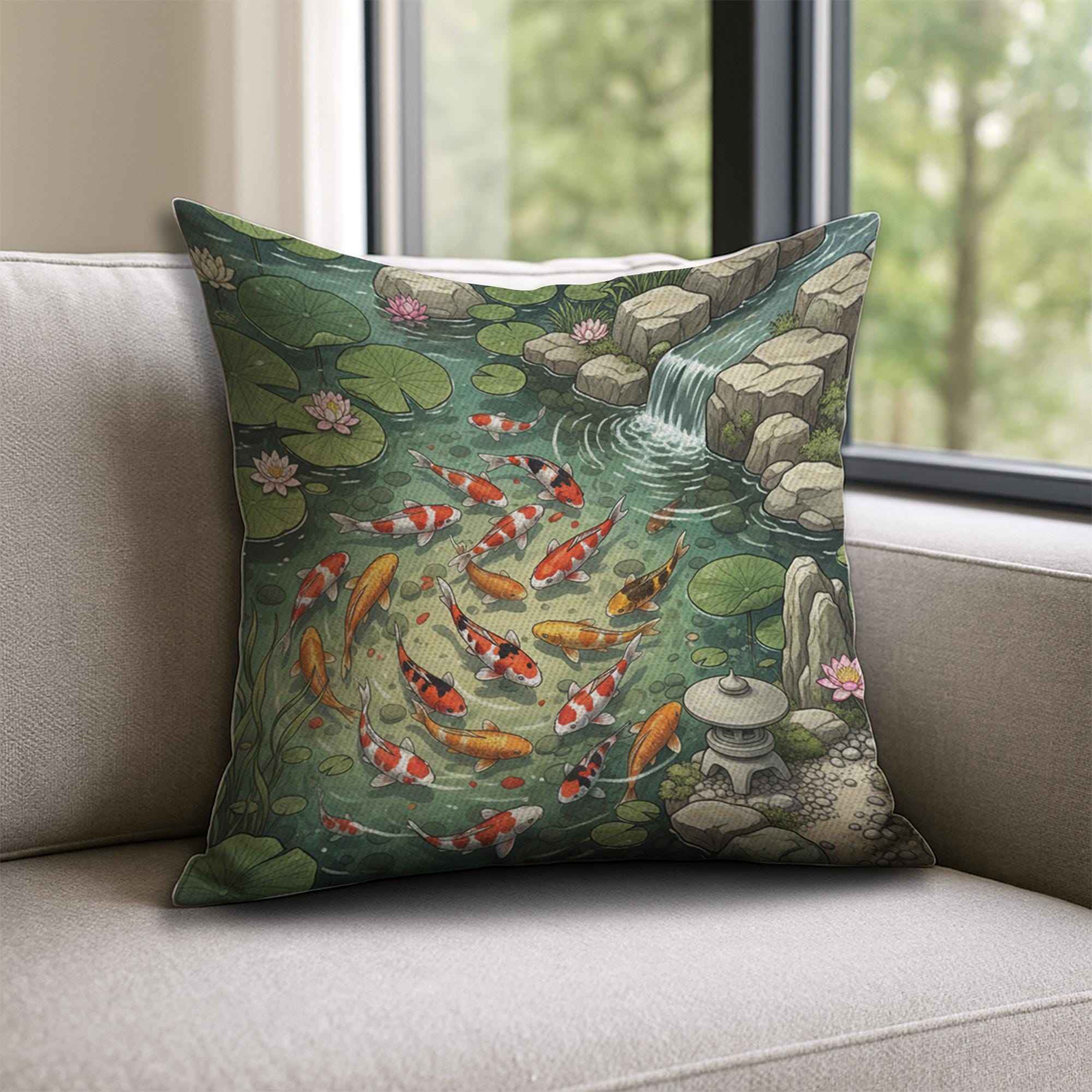Koi Fish Pillow – Japanese Pond Cushion with Waterfall and Lotus Design