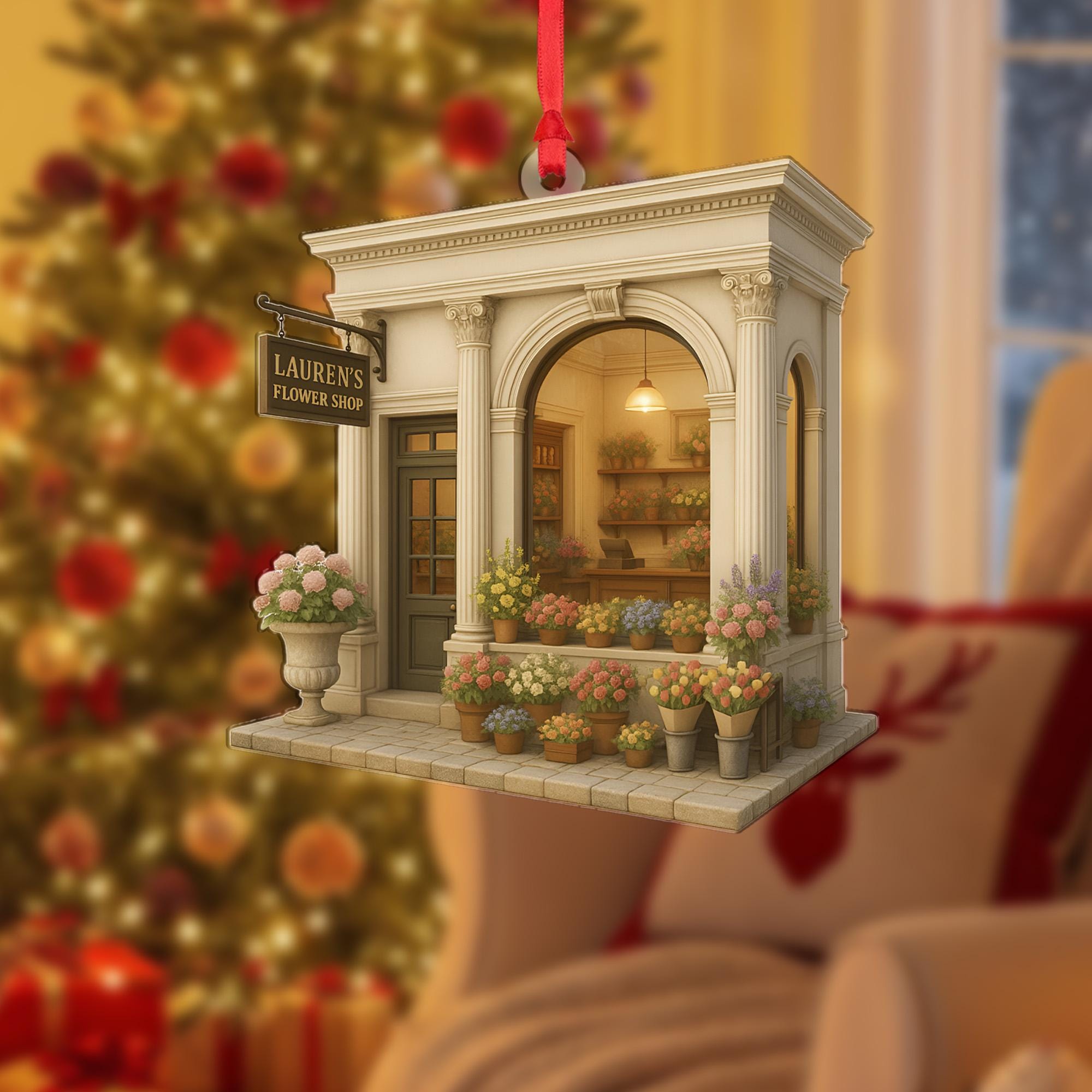 Personalized Flower Shop Ornament – Miniature Storefront Christmas Decoration
