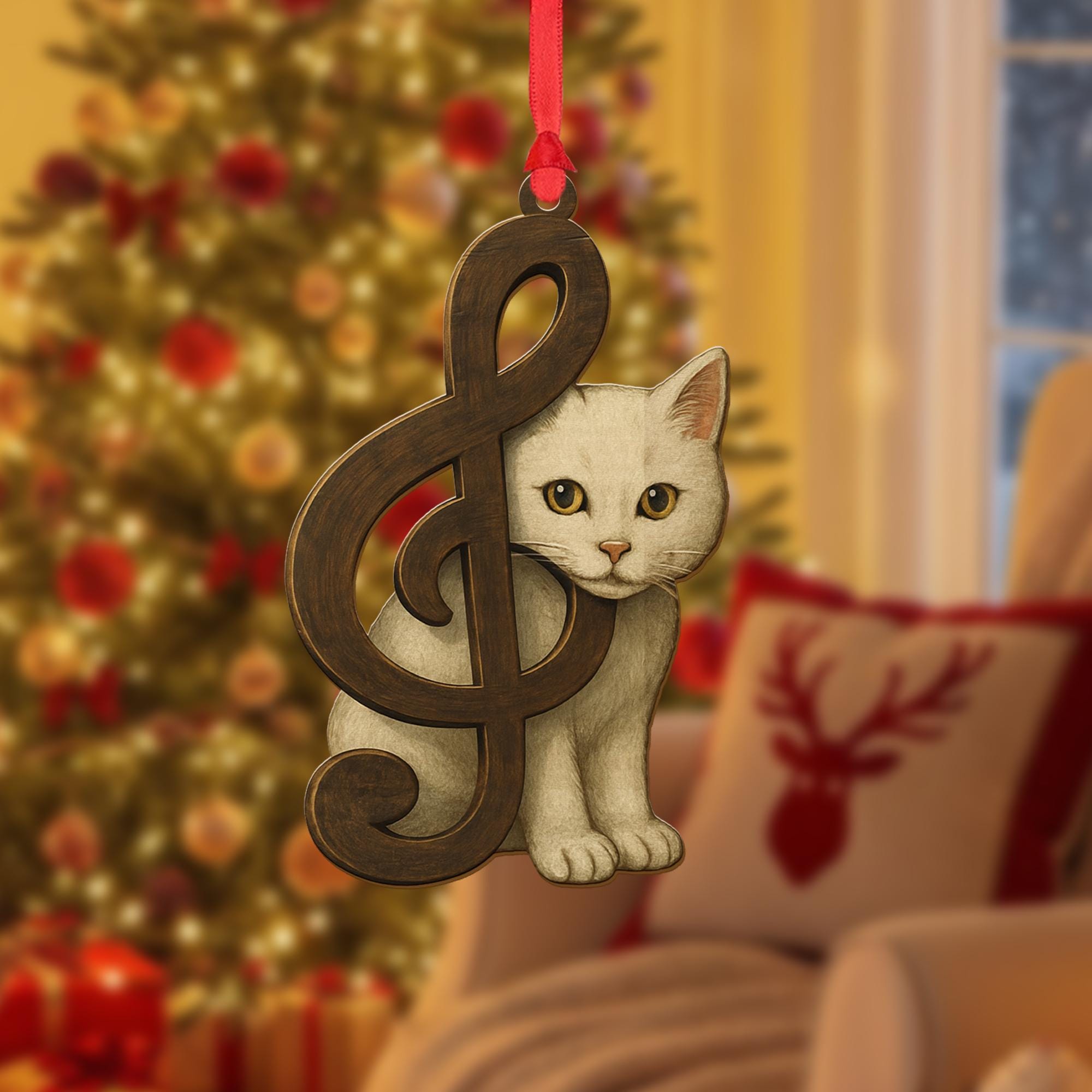 Wood Cat Ornament – Musical Treble Clef Christmas Decoration