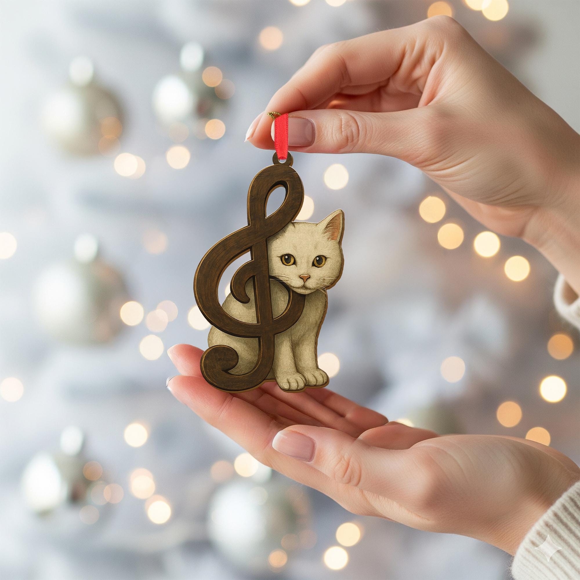 Wood Cat Ornament – Musical Treble Clef Christmas Decoration