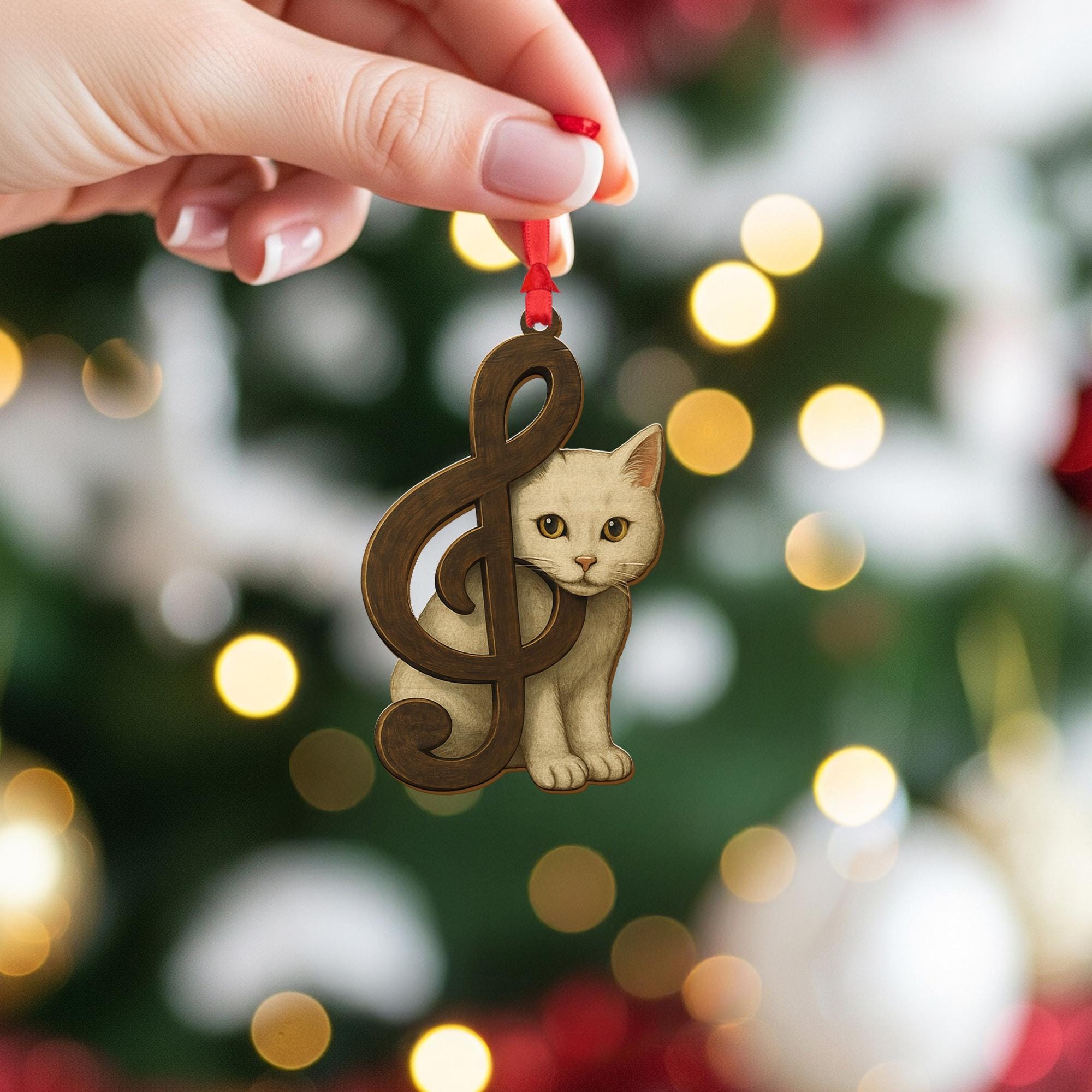 Wood Cat Ornament – Musical Treble Clef Christmas Decoration