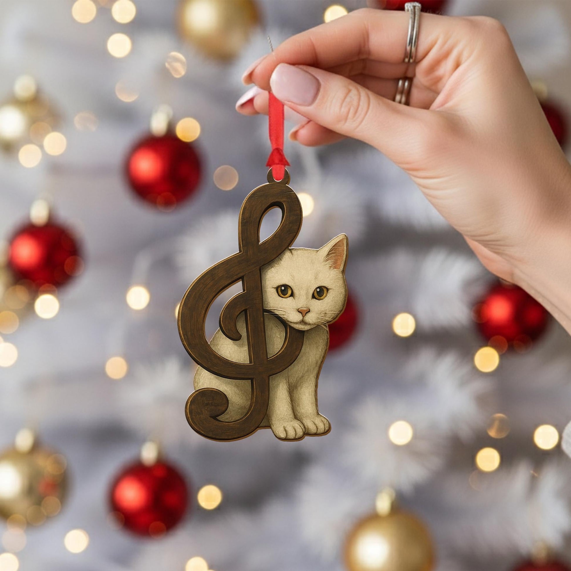 Wood Cat Ornament – Musical Treble Clef Christmas Decoration