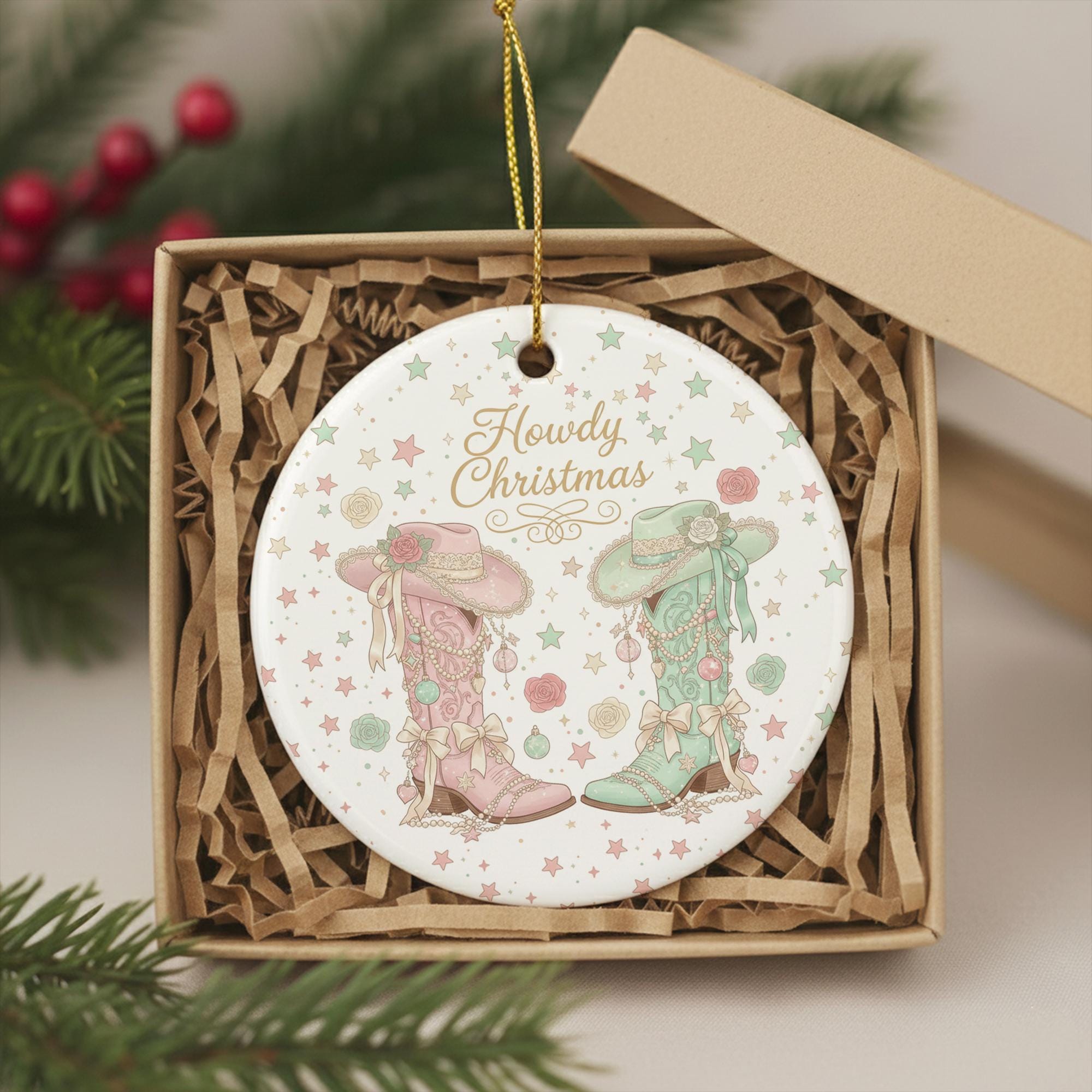 Howdy Christmas Cowgirl Boots Ornament - Pink and Teal Western Christmas Decor